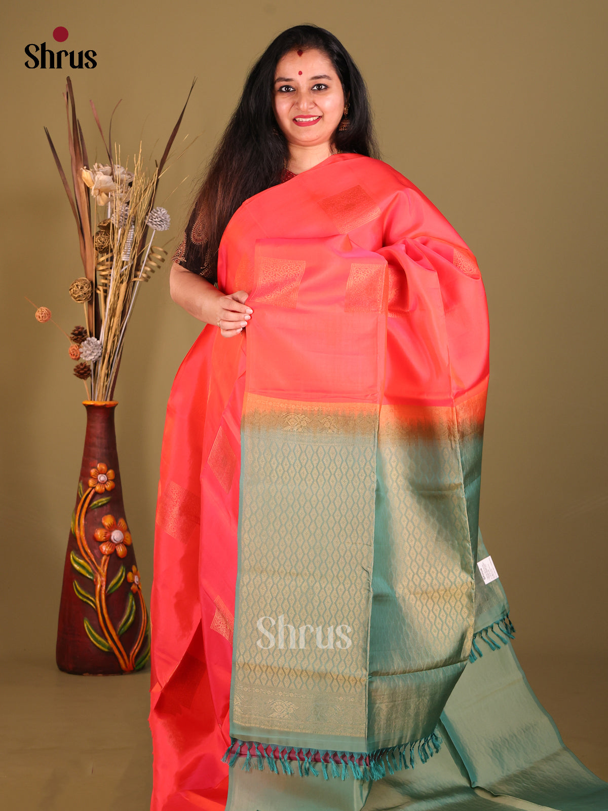 Orangish Pink & Green- Softsilk-halfpure Saree - Shop on Shrus.com