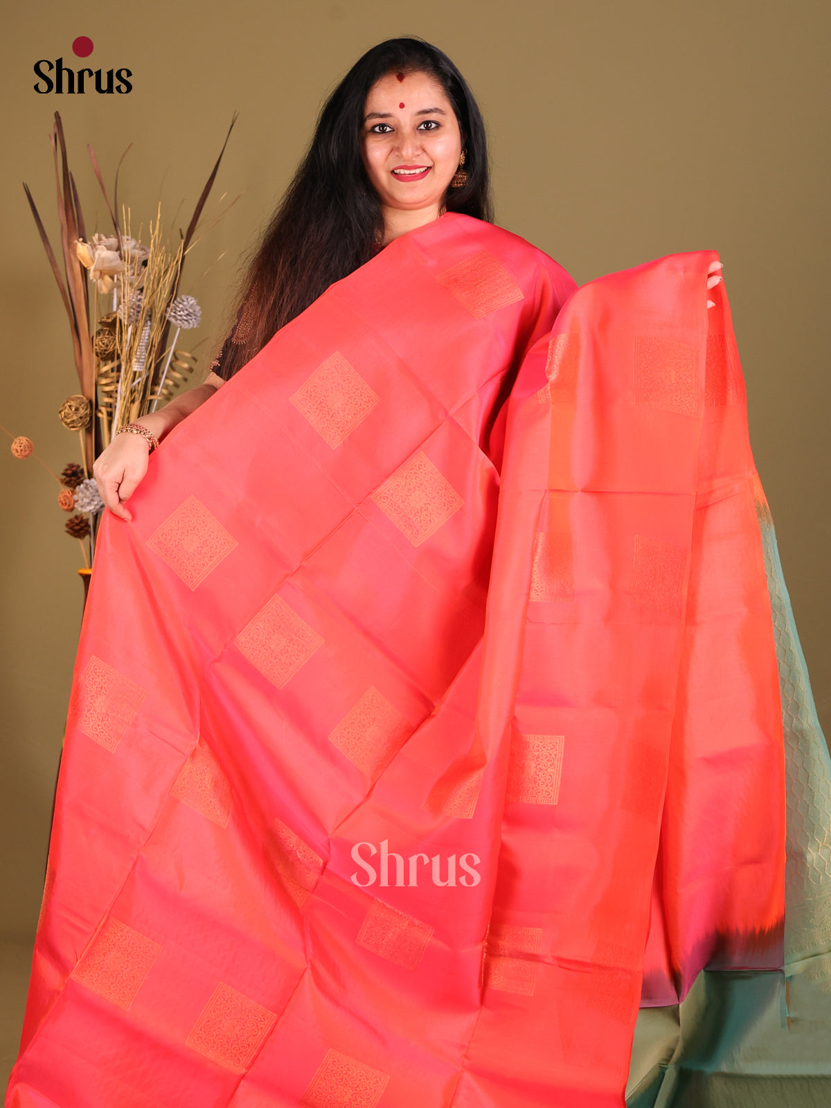 Orangish Pink & Green- Softsilk-halfpure Saree - Shop on Shrus.com