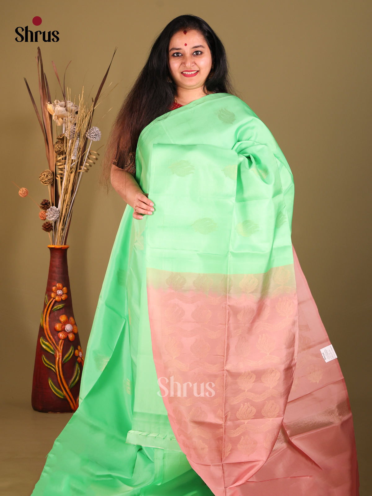 Pista Green & Pink- Softsilk-halfpure Saree - Shop on Shrus.com