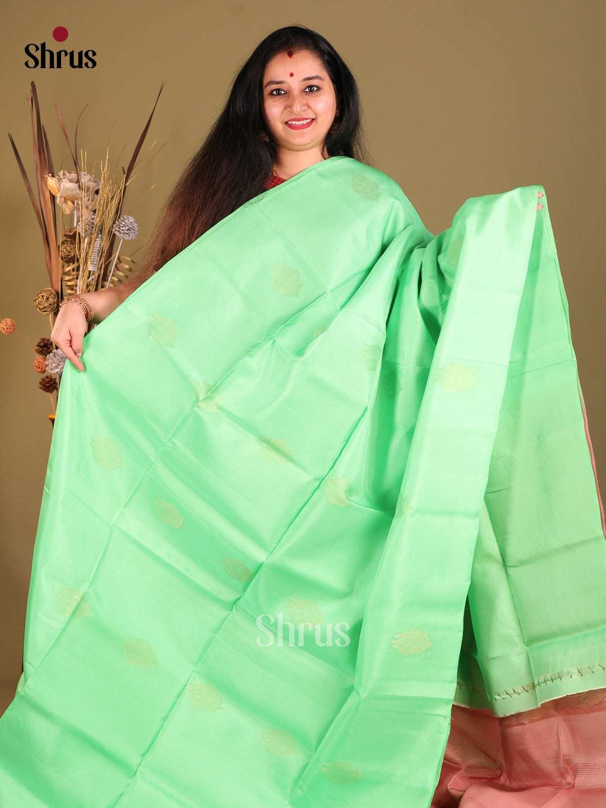 Pista Green & Pink- Softsilk-halfpure Saree - Shop on Shrus.com
