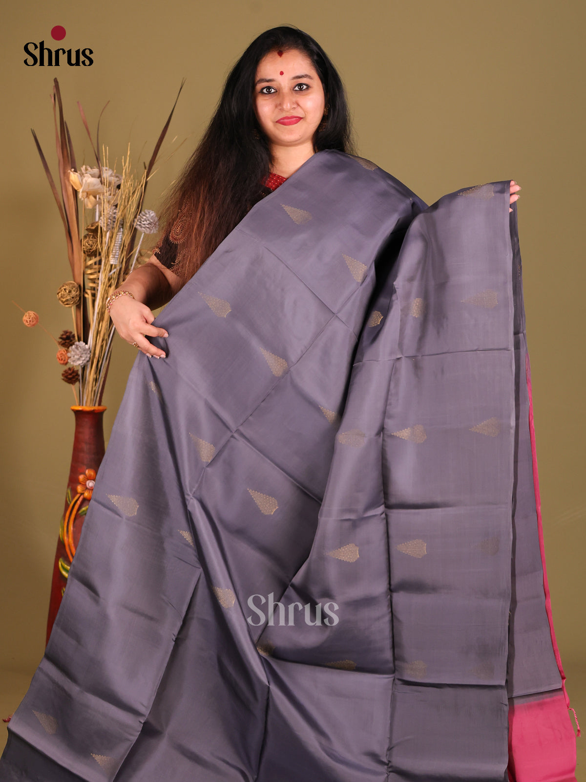 Elephant Grey borderless Softsilk-halfpure Saree with zaro buttas - Shop on Shrus.com