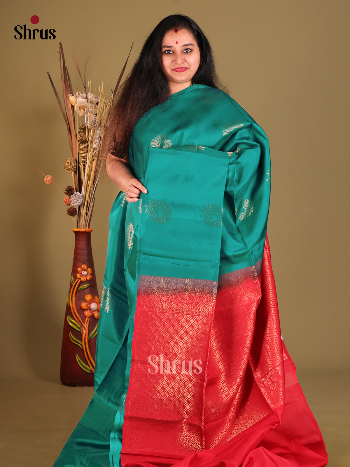Green & Red - Softsilk-halfpure Saree - Shop on Shrus.com