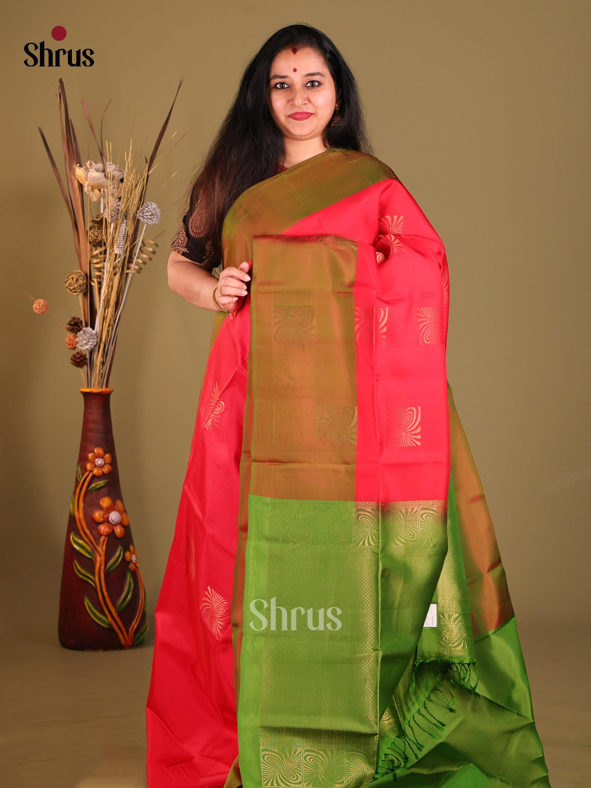 Pink & Green - Softsilk-halfpure Saree - Shop on Shrus.com