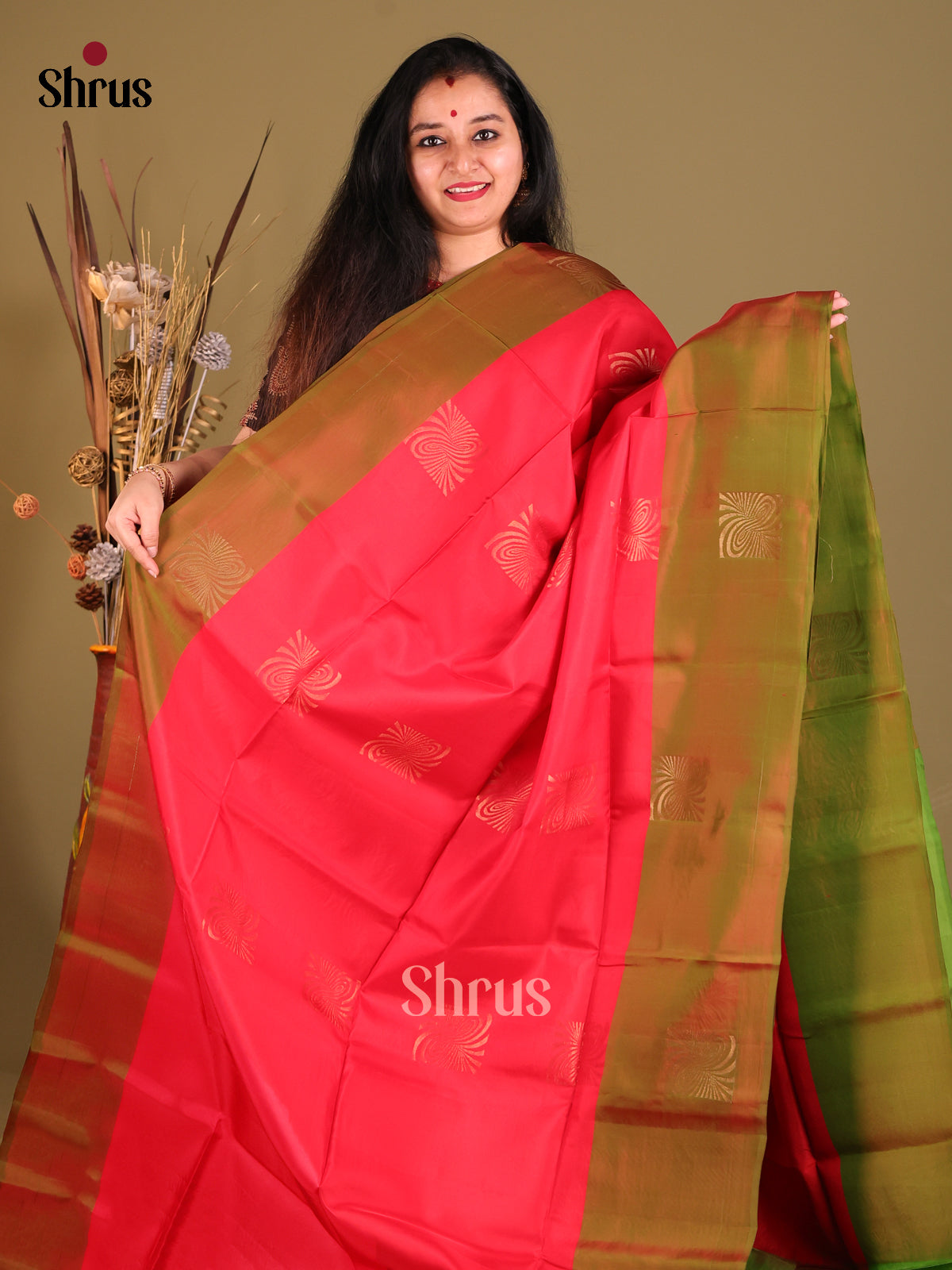 Pink & Green - Softsilk-halfpure Saree - Shop on Shrus.com