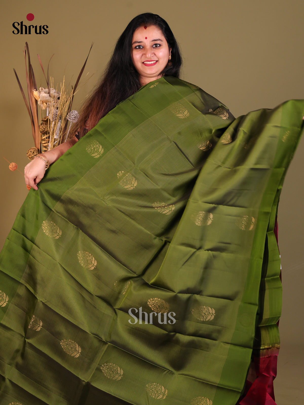 Green & Maroon borderless Softsilk-halfpure Saree with gold zari brocade - Shop on Shrus.com