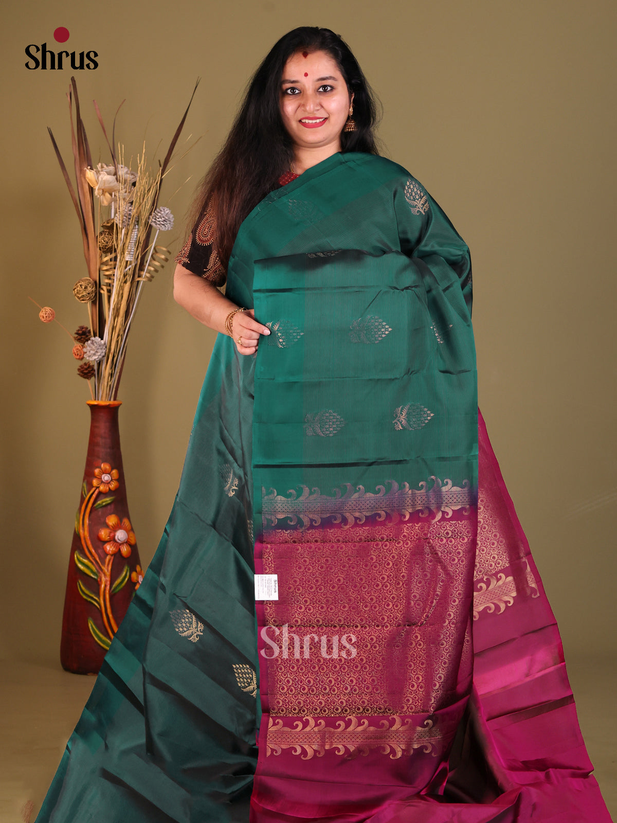 Green & Maroon Softsilk-halfpure Saree with gold zari motifs - Shop on Shrus.com