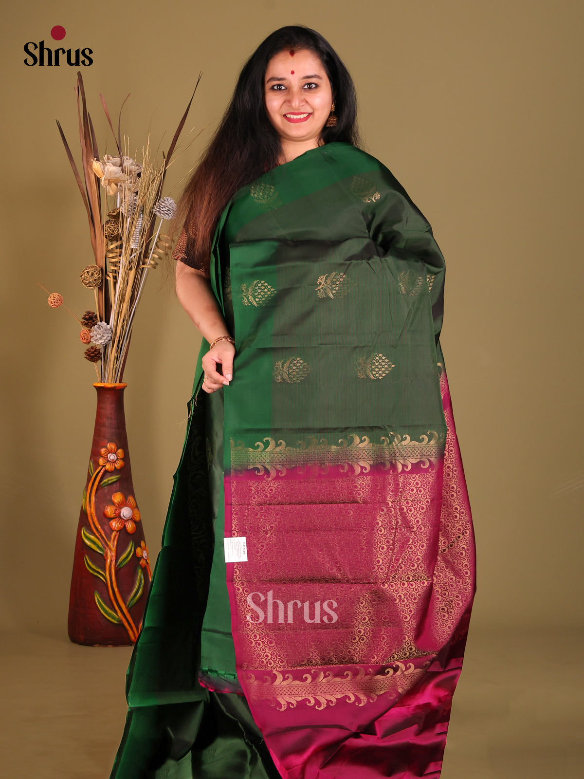 Green & Purple Softsilk-halfpure Saree with floral buttas - Shop on Shrus.com