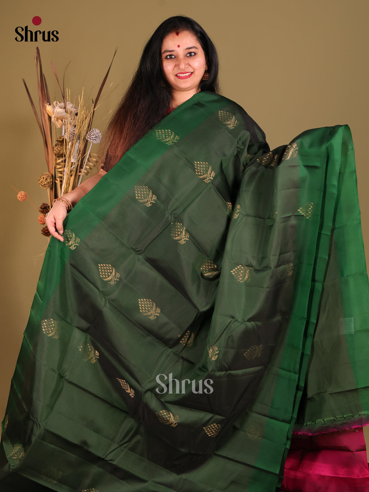 Green & Purple Softsilk-halfpure Saree with floral buttas - Shop on Shrus.com