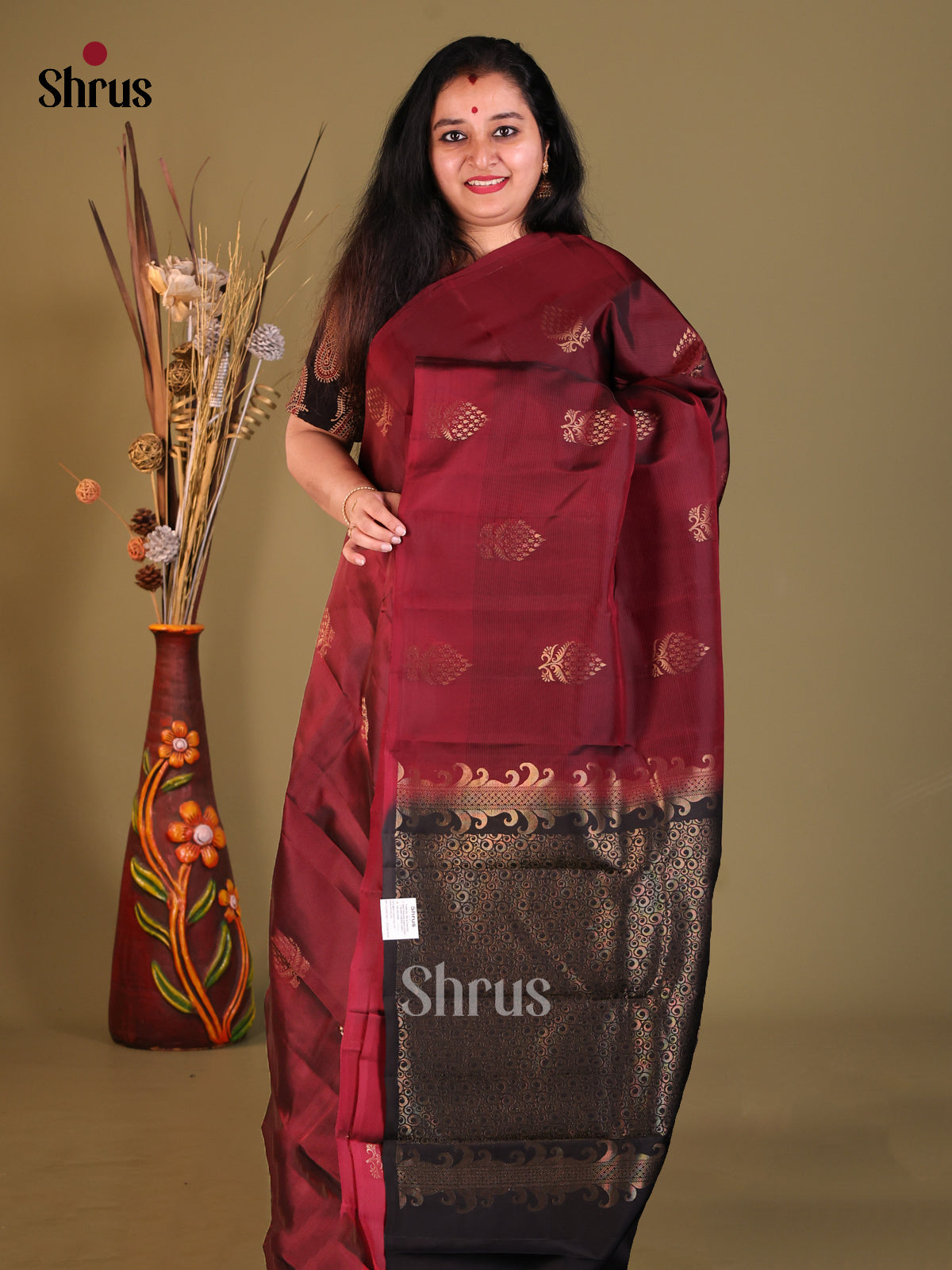 Maroon & Black Borderless Softsilk-halfpure Saree with zari floral buttas - Shop on Shrus.com
