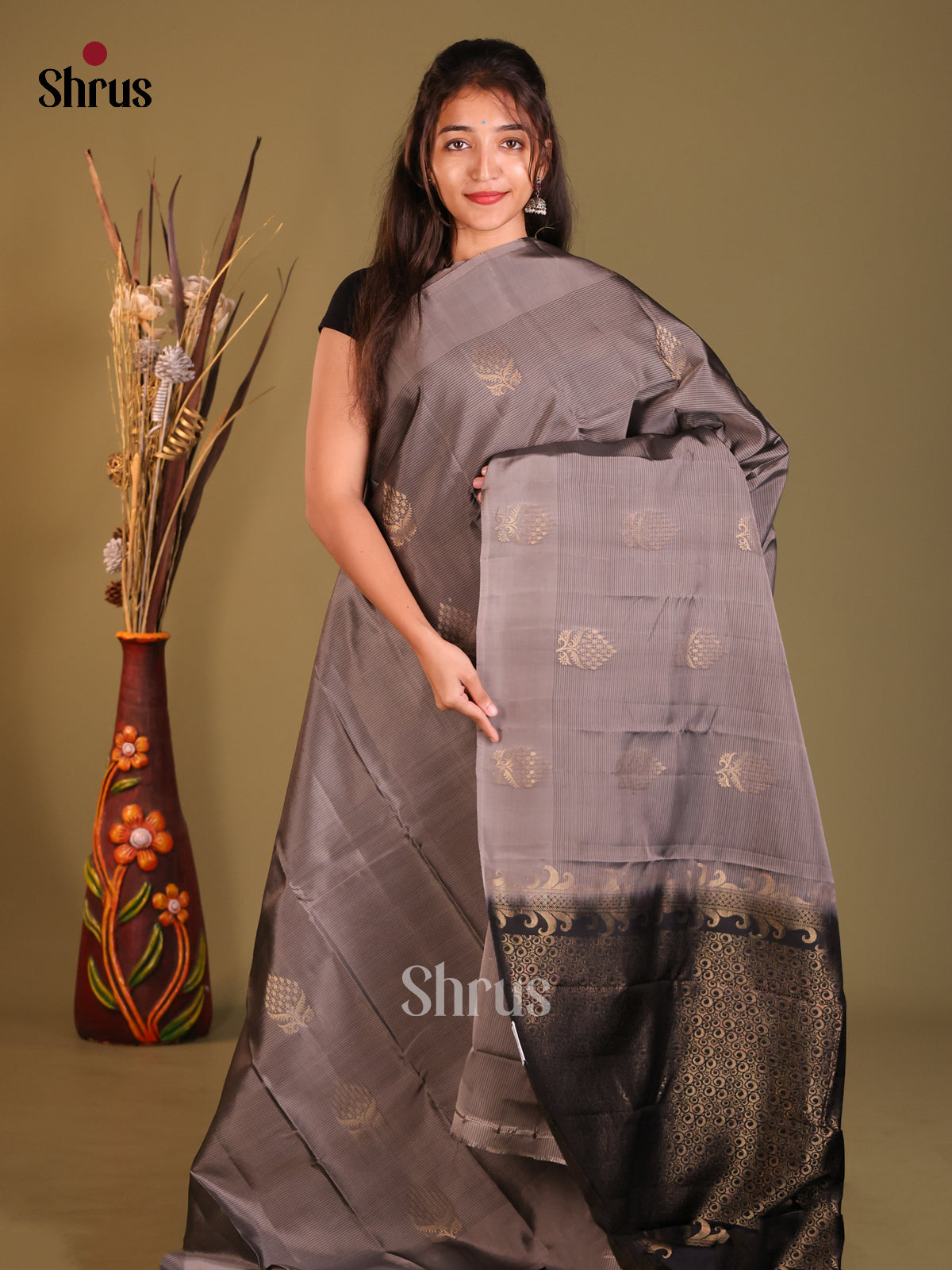 Grey & Black Softsilk-halfpure Saree with zari floral buttas - Shop on Shrus.com