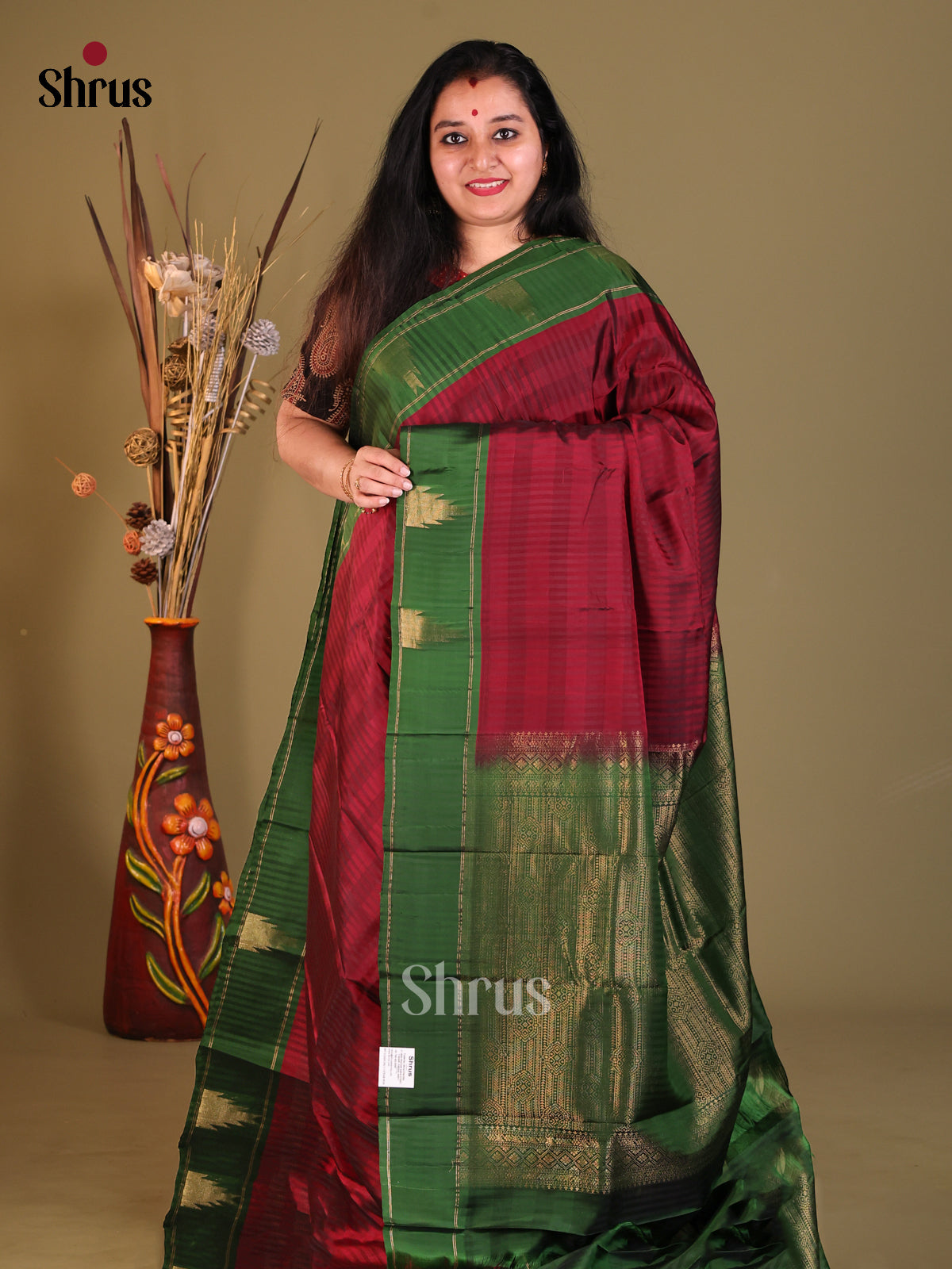 Maroon & Green - Softsilk-halfpure Saree - Shop on Shrus.com