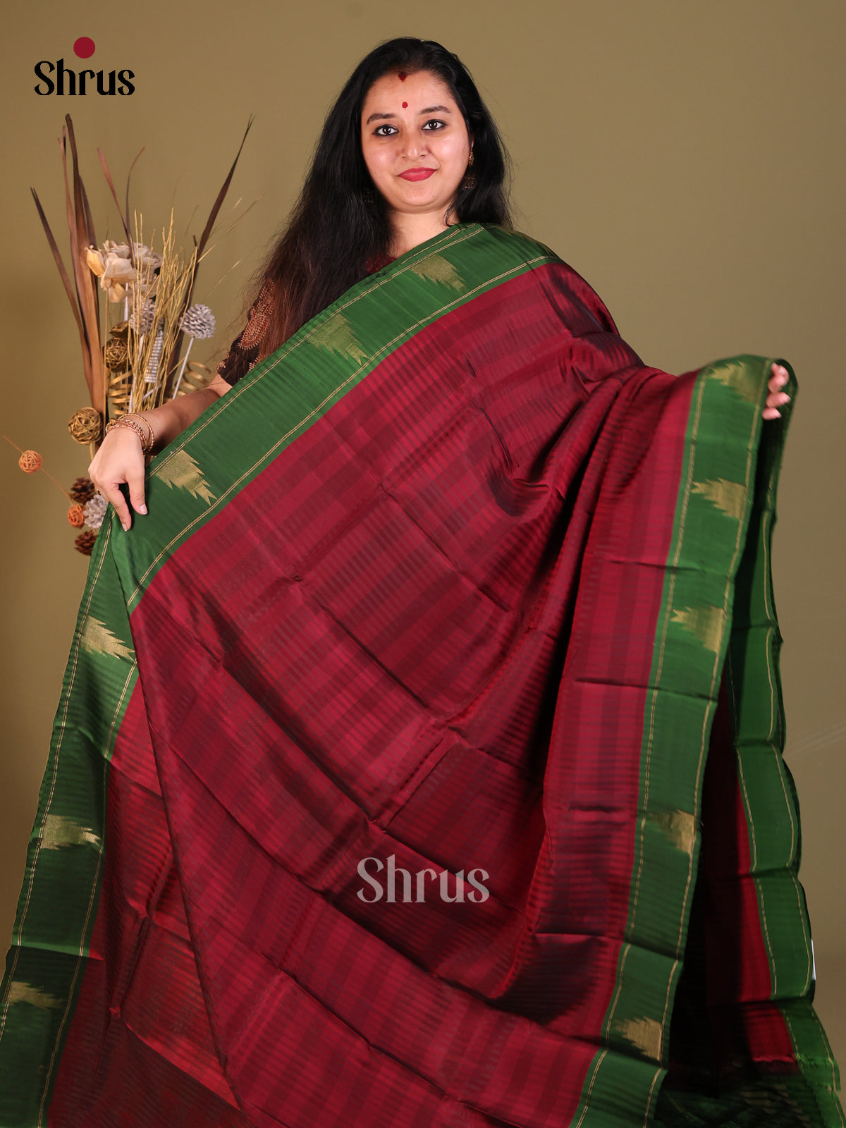 Maroon & Green - Softsilk-halfpure Saree - Shop on Shrus.com