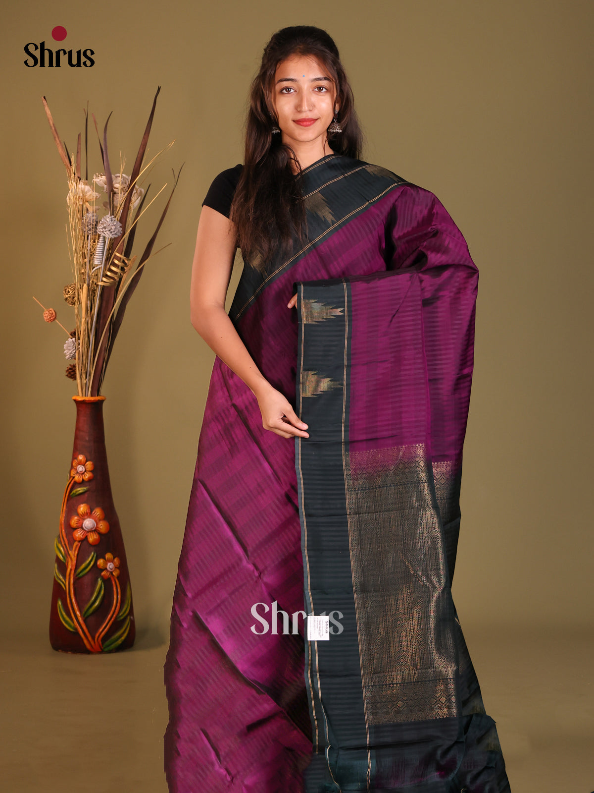 Purple & Dark Green Softsilk-halfpure Saree with temple motifs border - Shop on Shrus.com