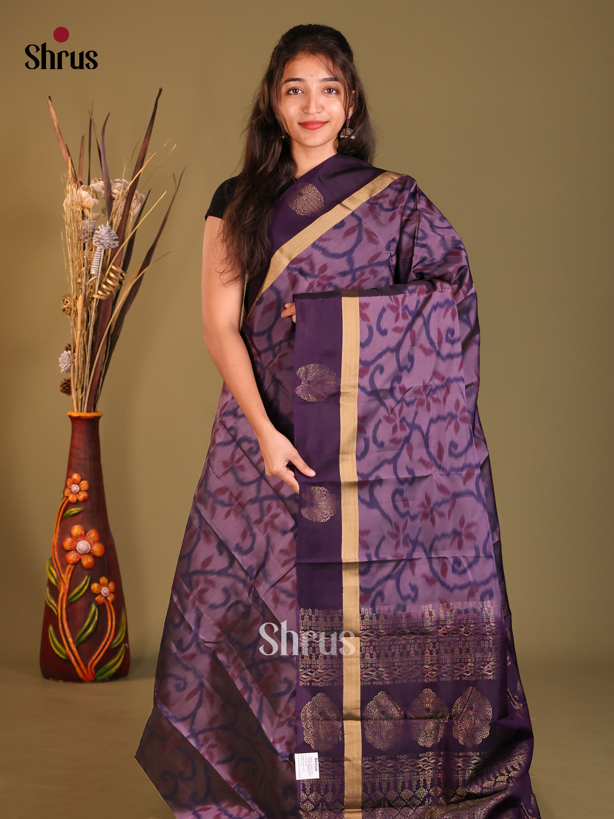 Lavender & Violet Softsilk-halfpure Saree with ikkat floral nestling - Shop on Shrus.com
