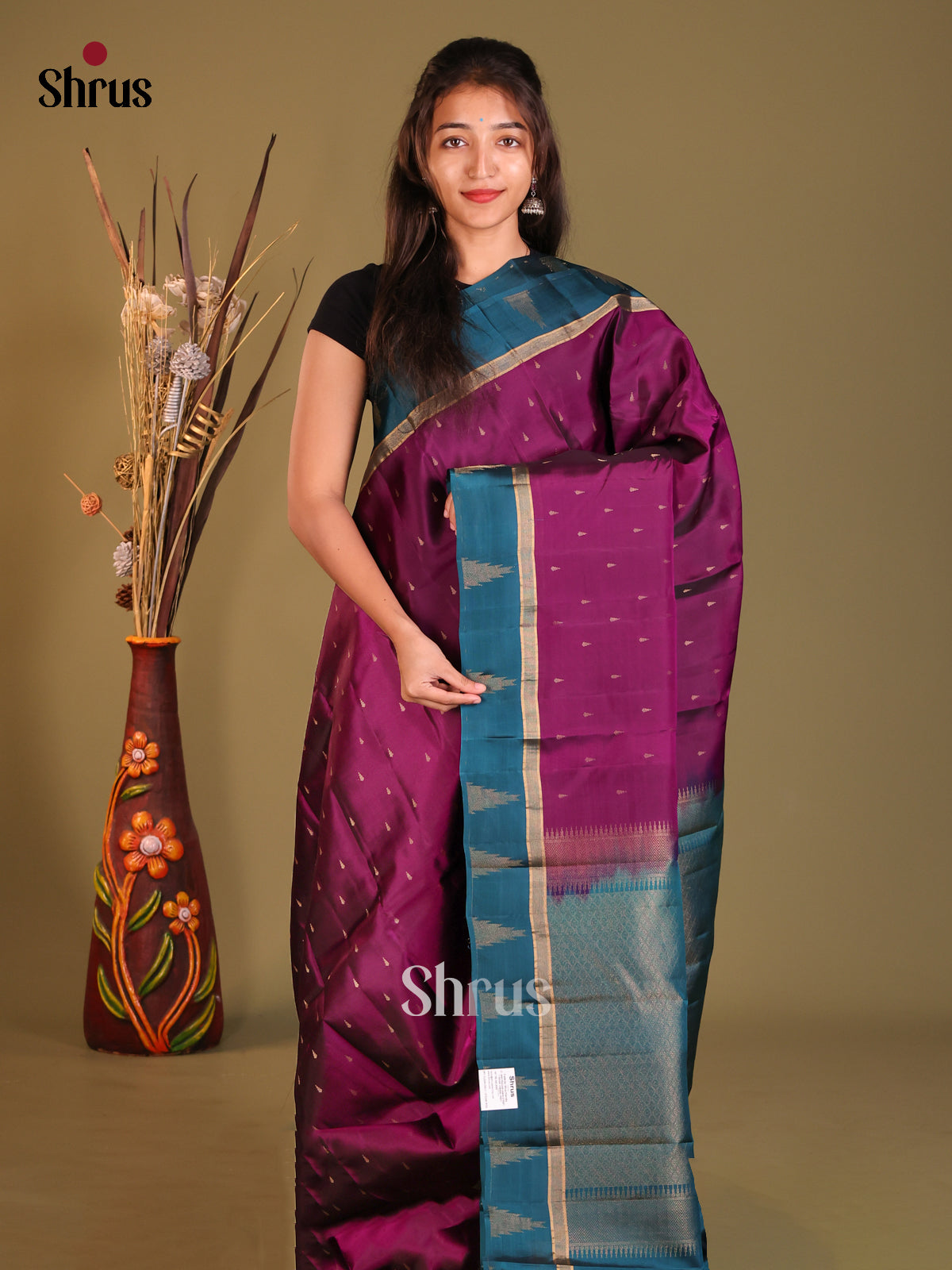 Purple & Blue Softsilk-halfpure Saree with temple zari border - Shop on Shrus.com