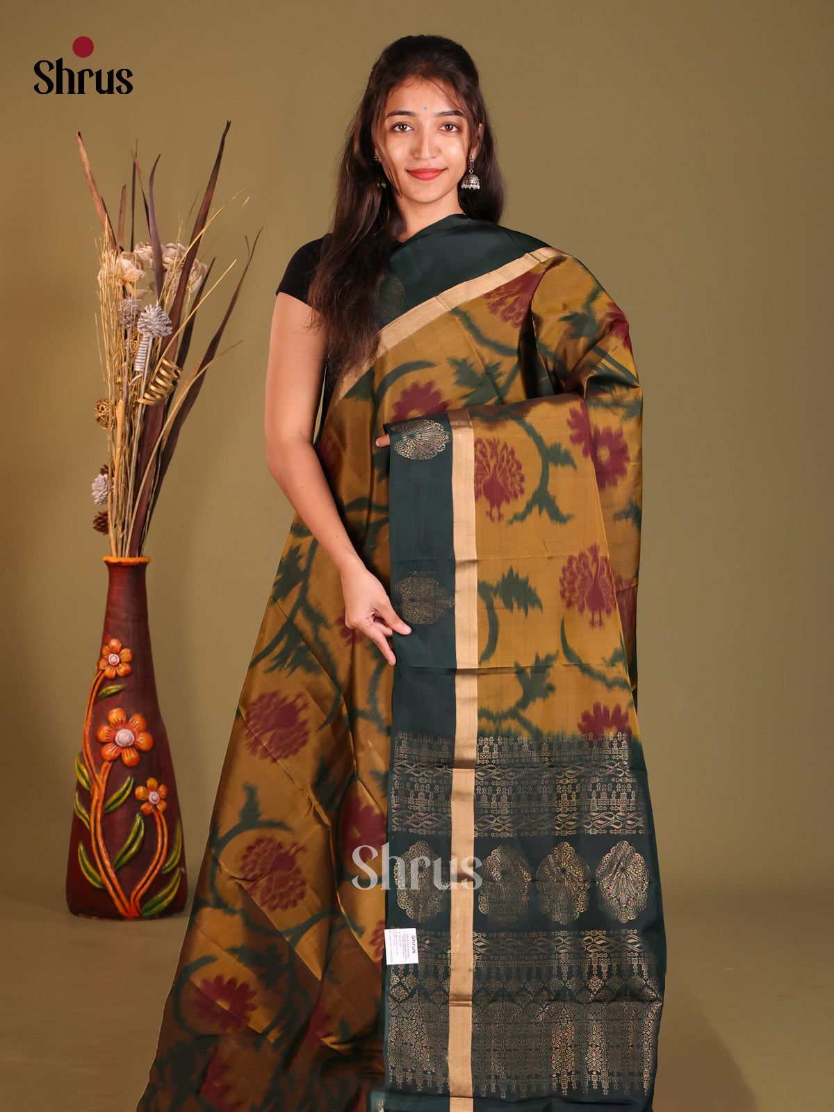Mehandi & Green Softsilk-halfpure Saree with ikkat floral nestling - Shop on Shrus.com