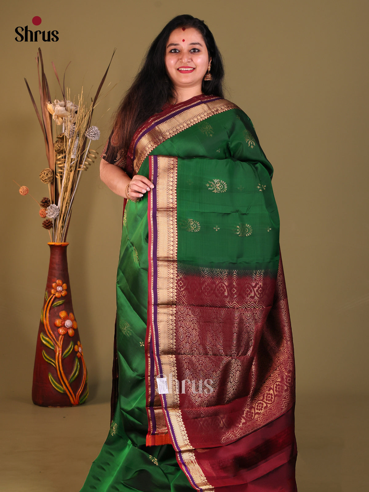 Green & Maroon - Softsilk-halfpure Saree - Shop on Shrus.com