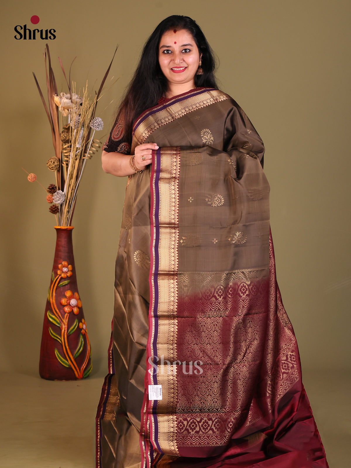 Grey & Maroon - Softsilk-halfpure Saree - Shop on Shrus.com