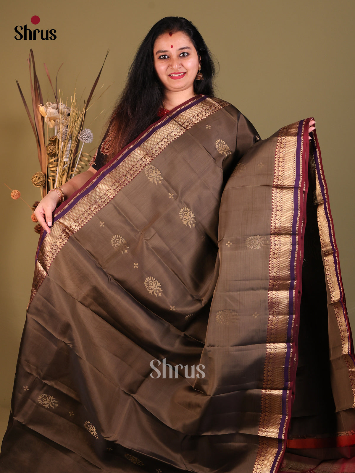Grey & Maroon - Softsilk-halfpure Saree - Shop on Shrus.com