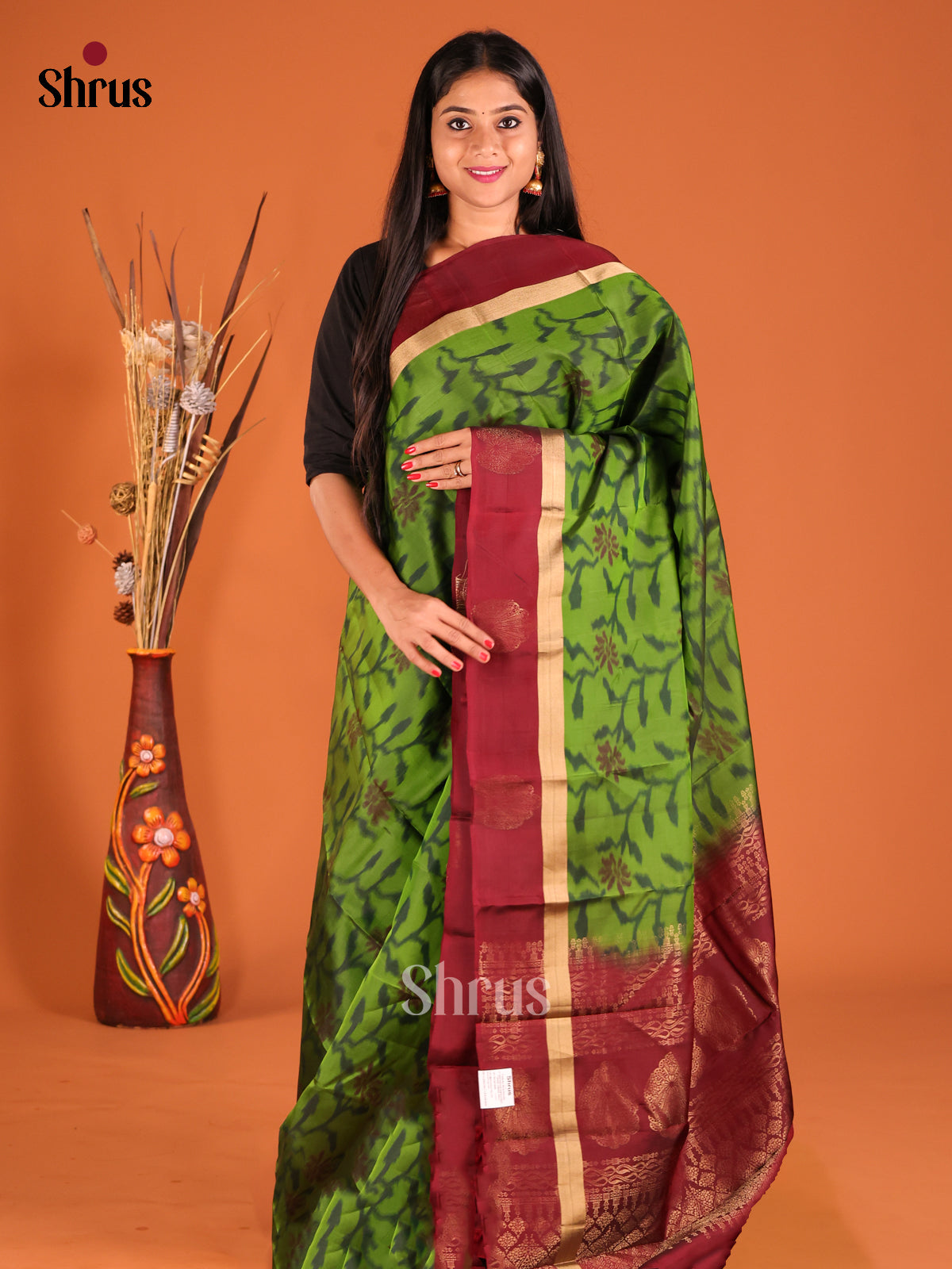 Green & Maroon Softsilk-halfpure Saree with ikkat floral nestling - Shop on Shrus.com