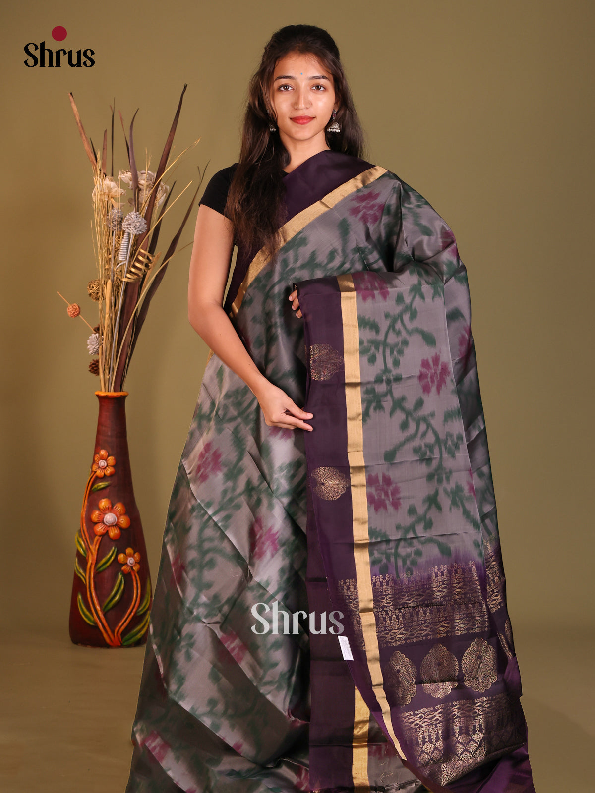 Grey & Violet Softsilk-halfpure Saree ikkat floral nestling - Shop on Shrus.com