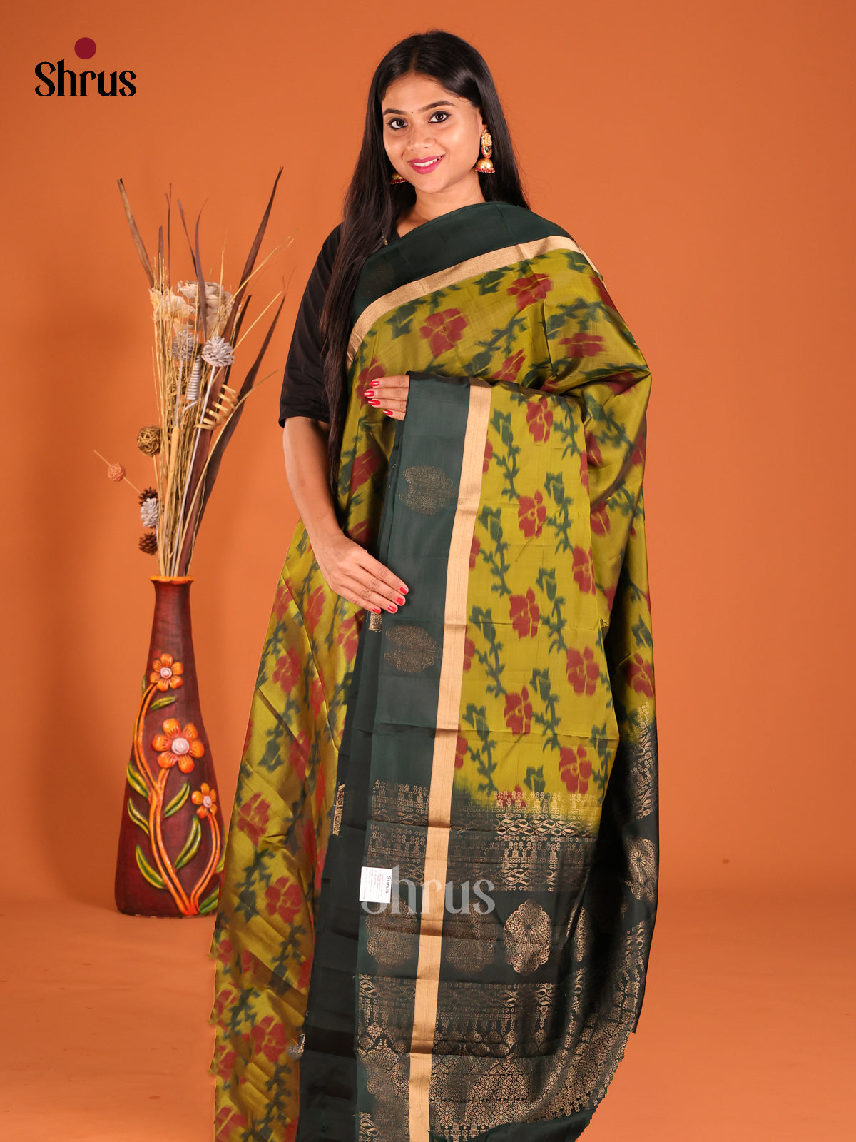 Mustardy Green & Green Softsilk-halfpure Saree with ikkat floral nestling - Shop on Shrus.com