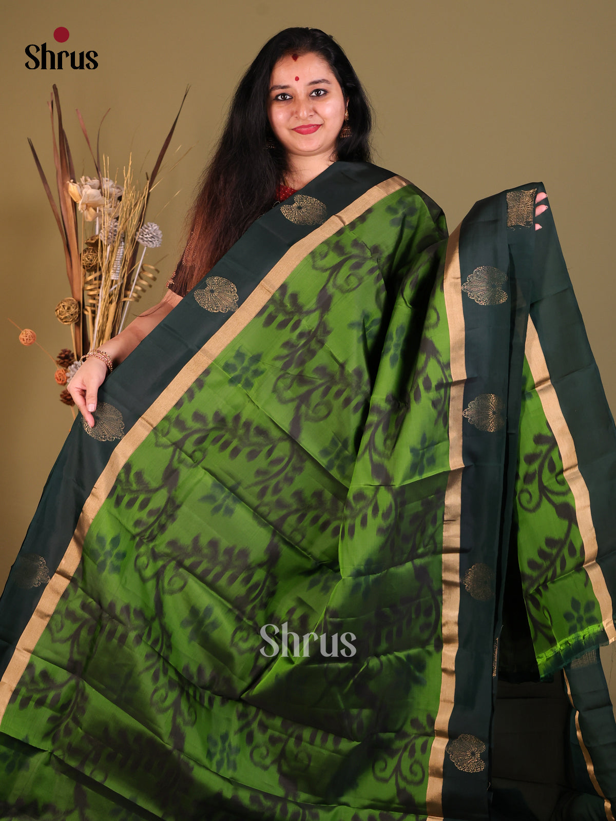 Leaf Green & Green- Softsilk-halfpure Saree - Shop on Shrus.com