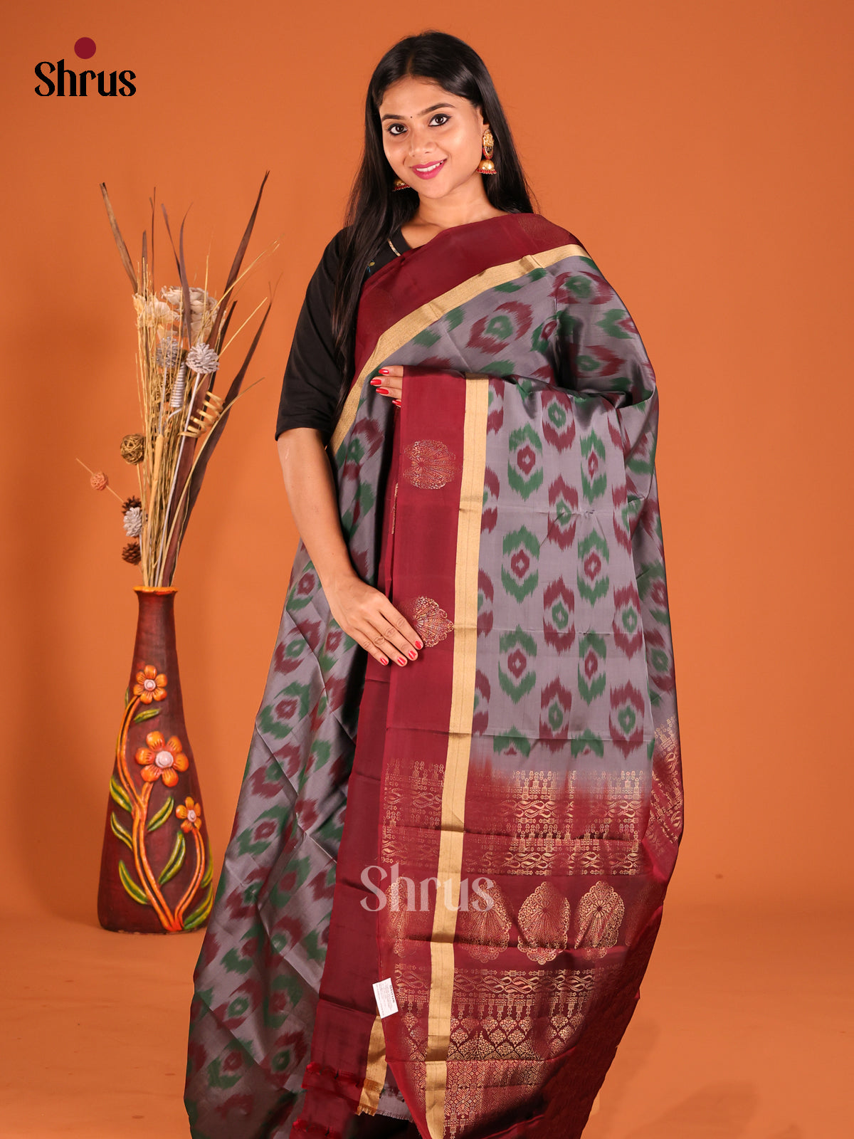 Grey & Maroon Softsilk-halfpure Saree with ikkat floral buttas