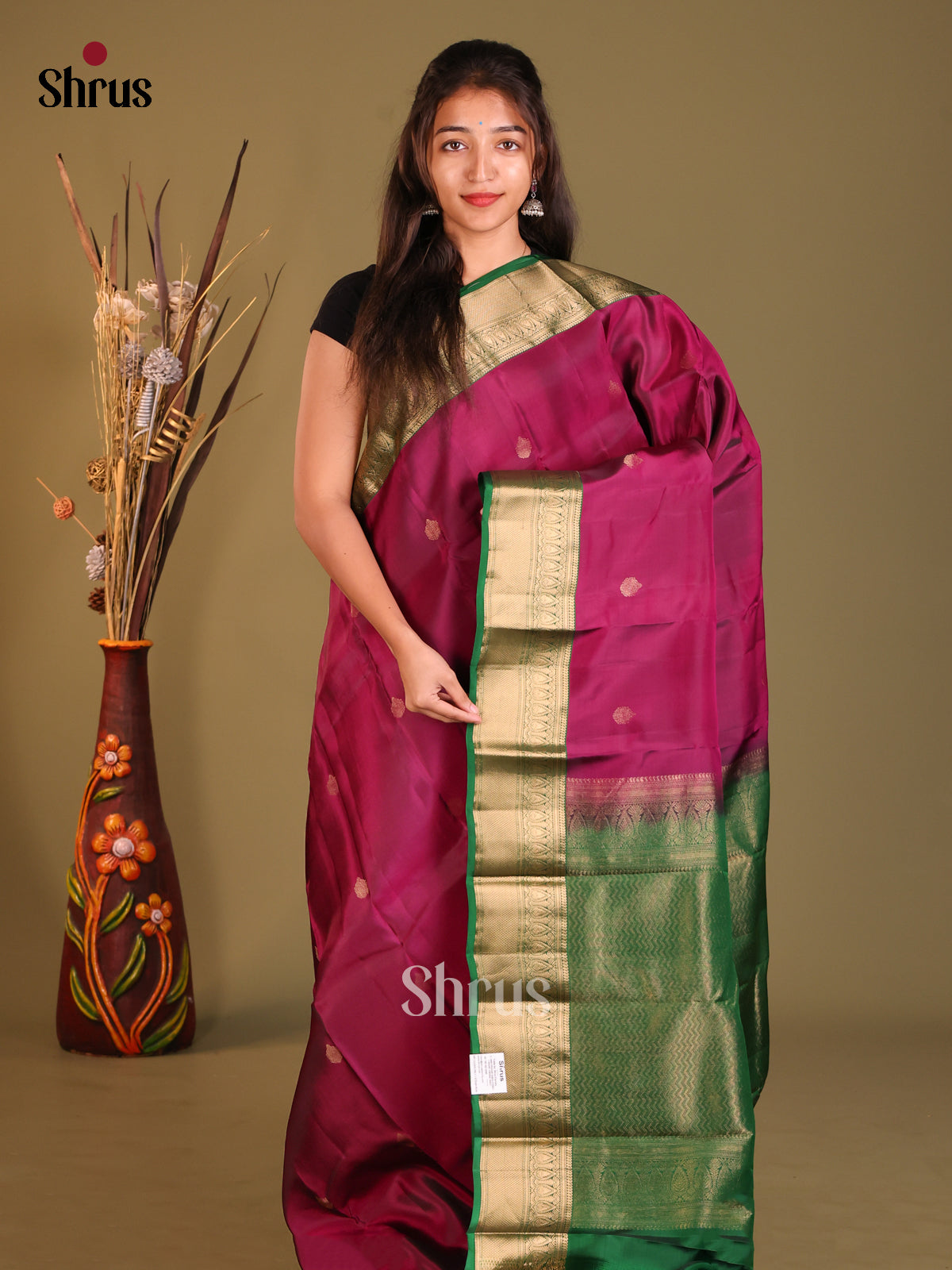 Purple & Green Softsilk-halfpure Saree with gold zari buttas - Shop on Shrus.com