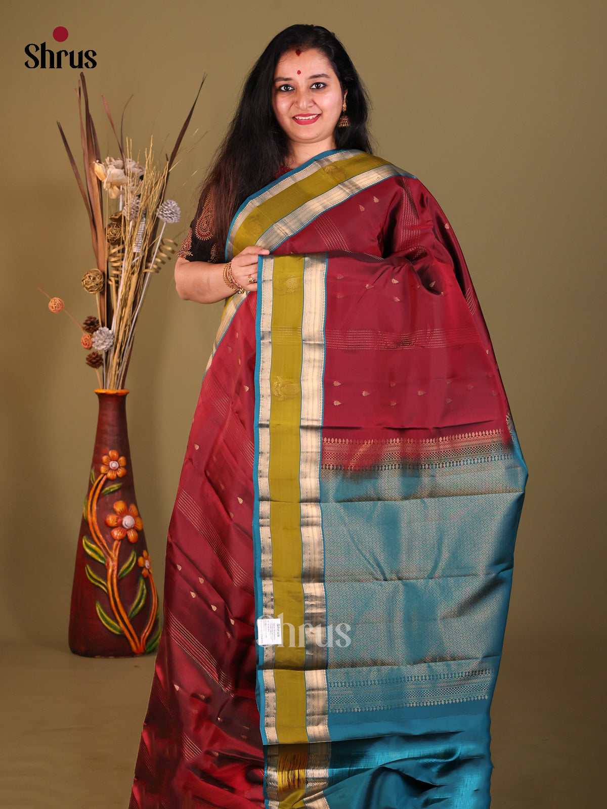 Maroon & Blue - Softsilk-halfpure Saree - Shop on Shrus.com