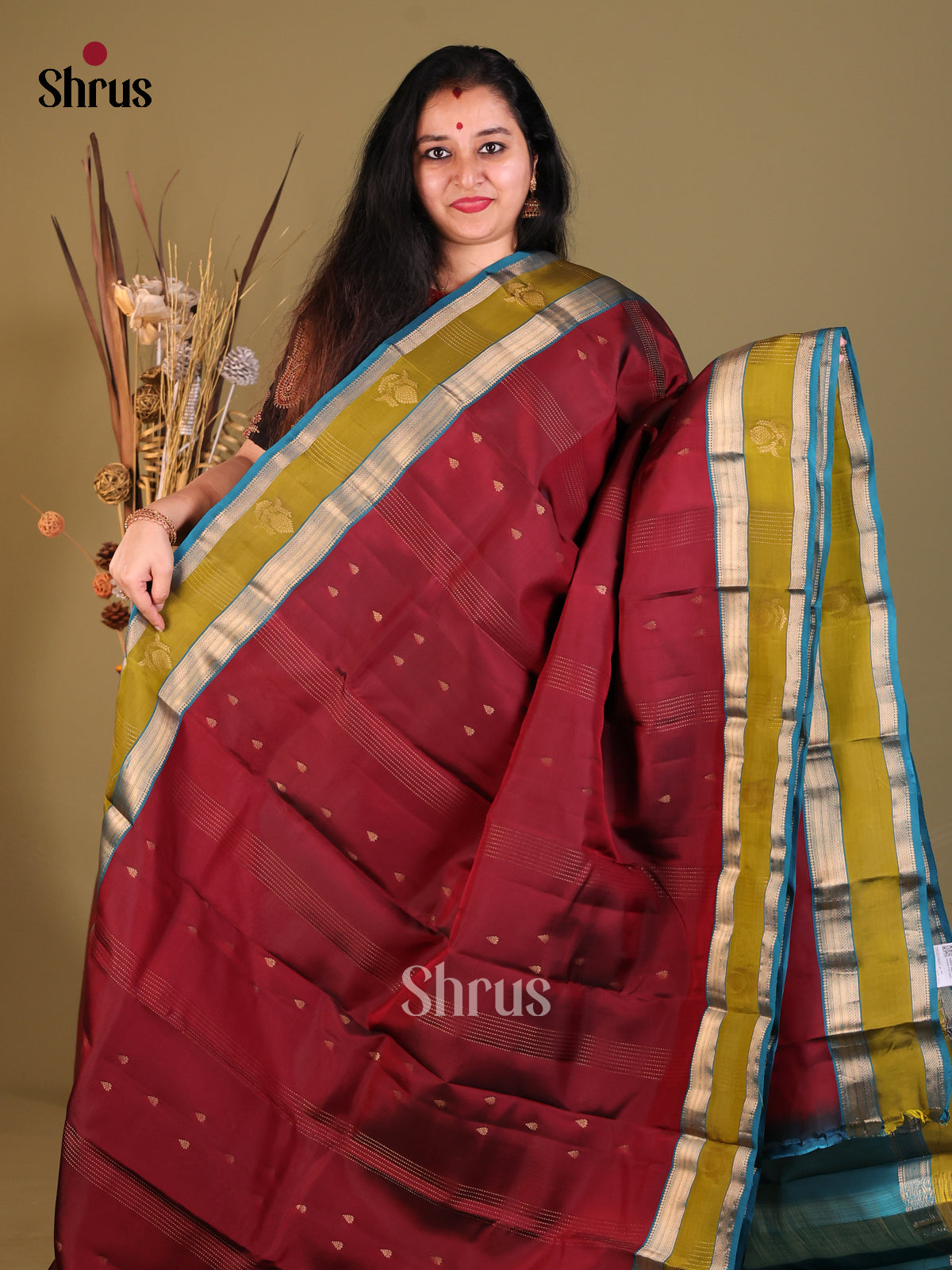 Maroon & Blue - Softsilk-halfpure Saree - Shop on Shrus.com