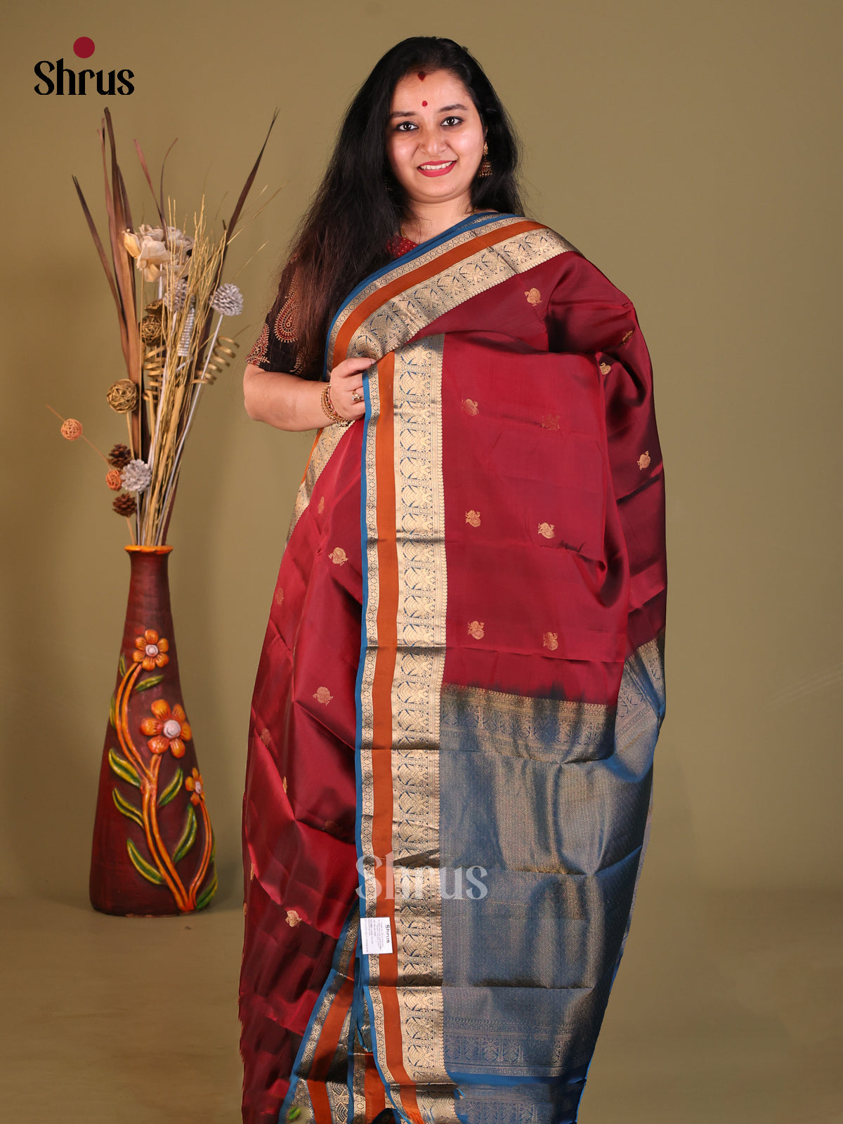 Maroon & Blue Softsilk-halfpure Saree - Shop on Shrus.com