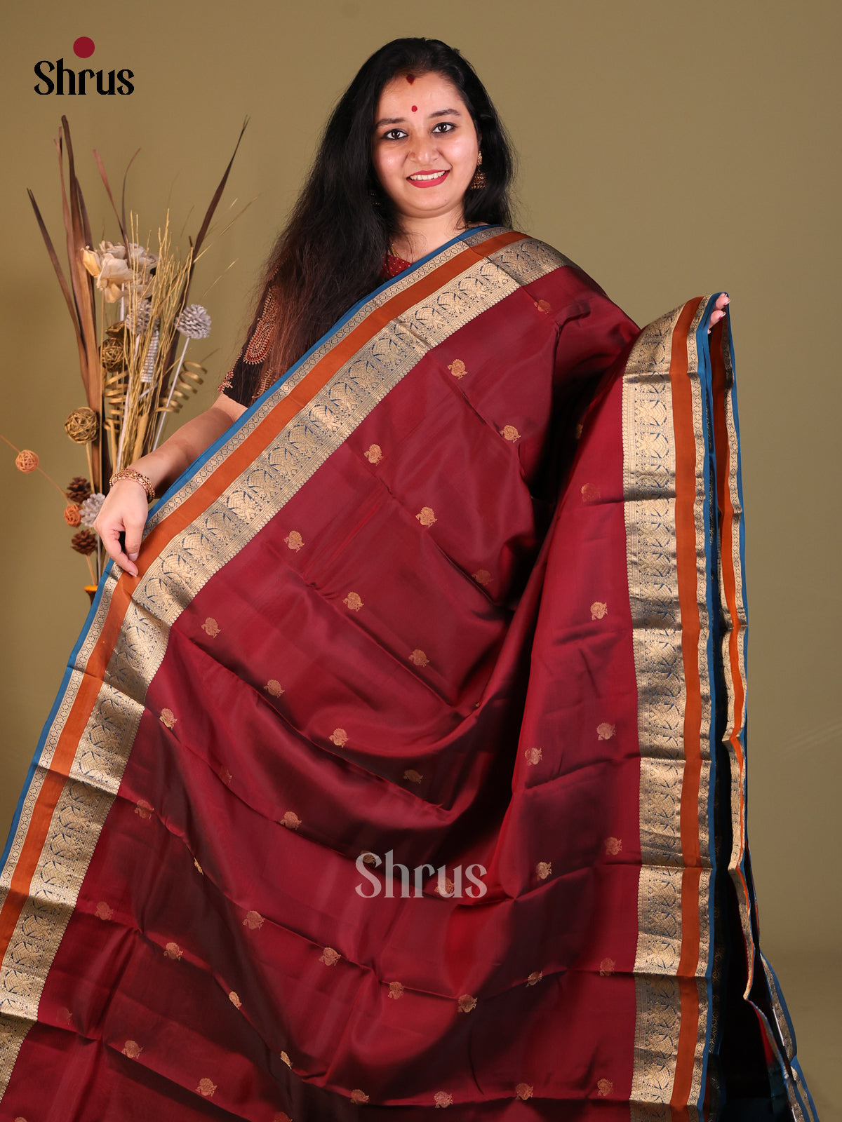 Maroon & Blue Softsilk-halfpure Saree - Shop on Shrus.com