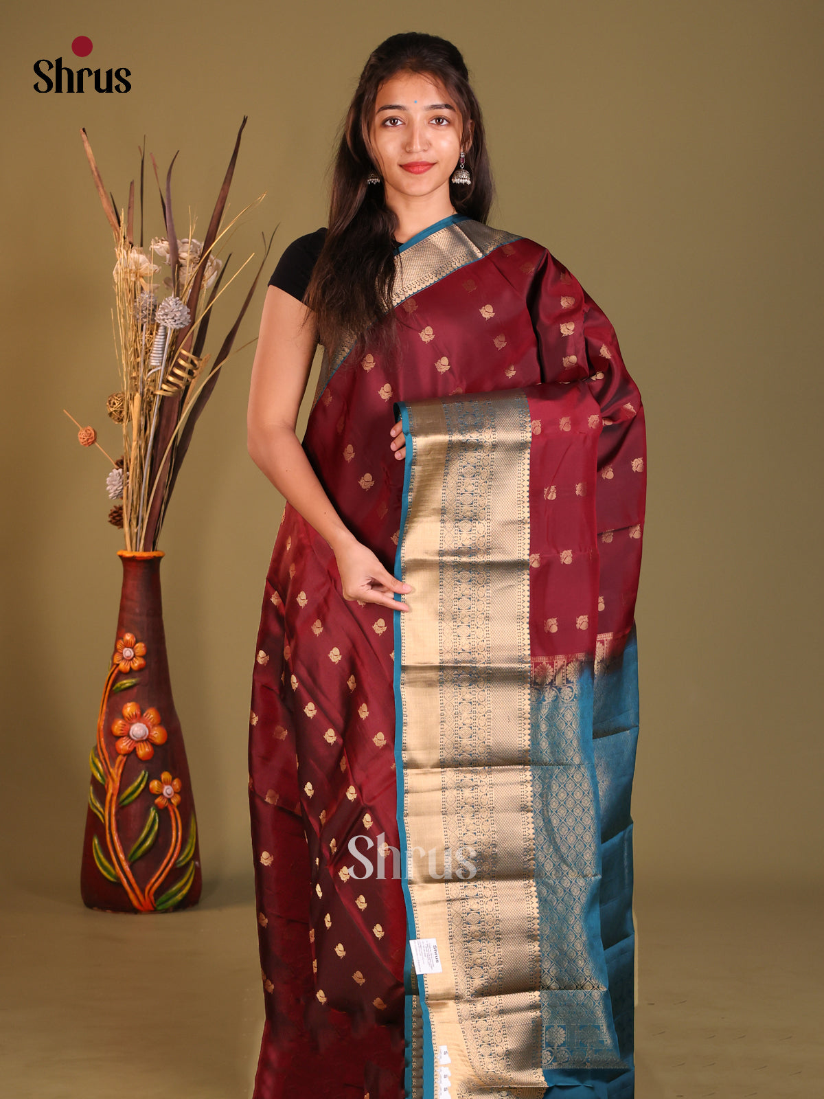 Maroon & Blue Softsilk-halfpure Saree contrast rich traditional zari border - Shop on Shrus.com