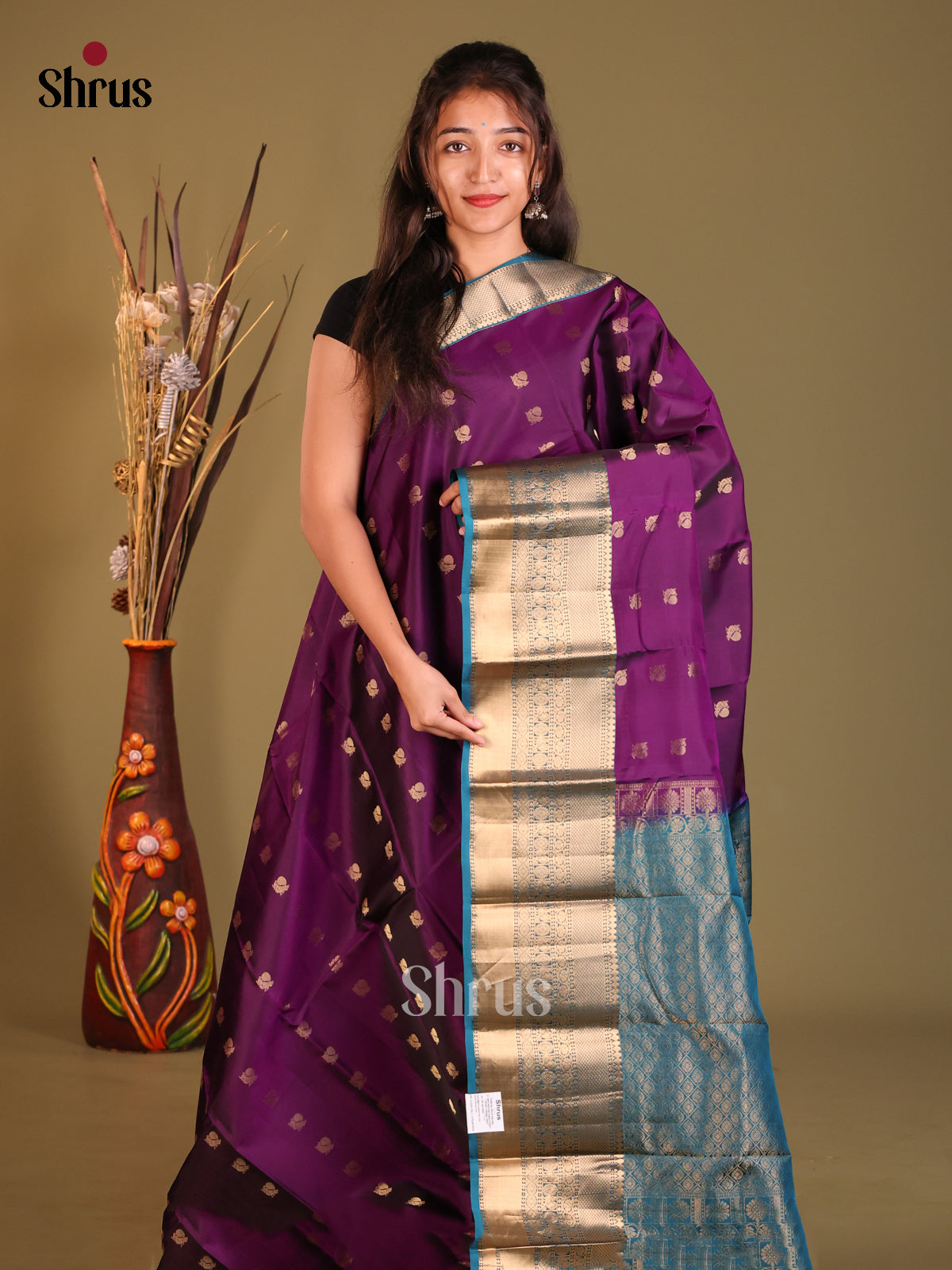 Violet & Blue Softsilk-halfpure Saree gold zari peacock thousand buttas - Shop on Shrus.com