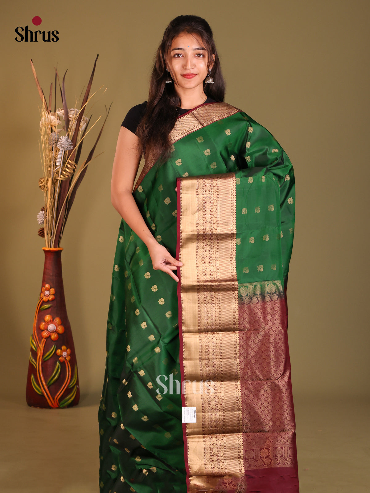 Green & Maroon Softsilk-halfpure Saree with gold zari peacock thousand buttas