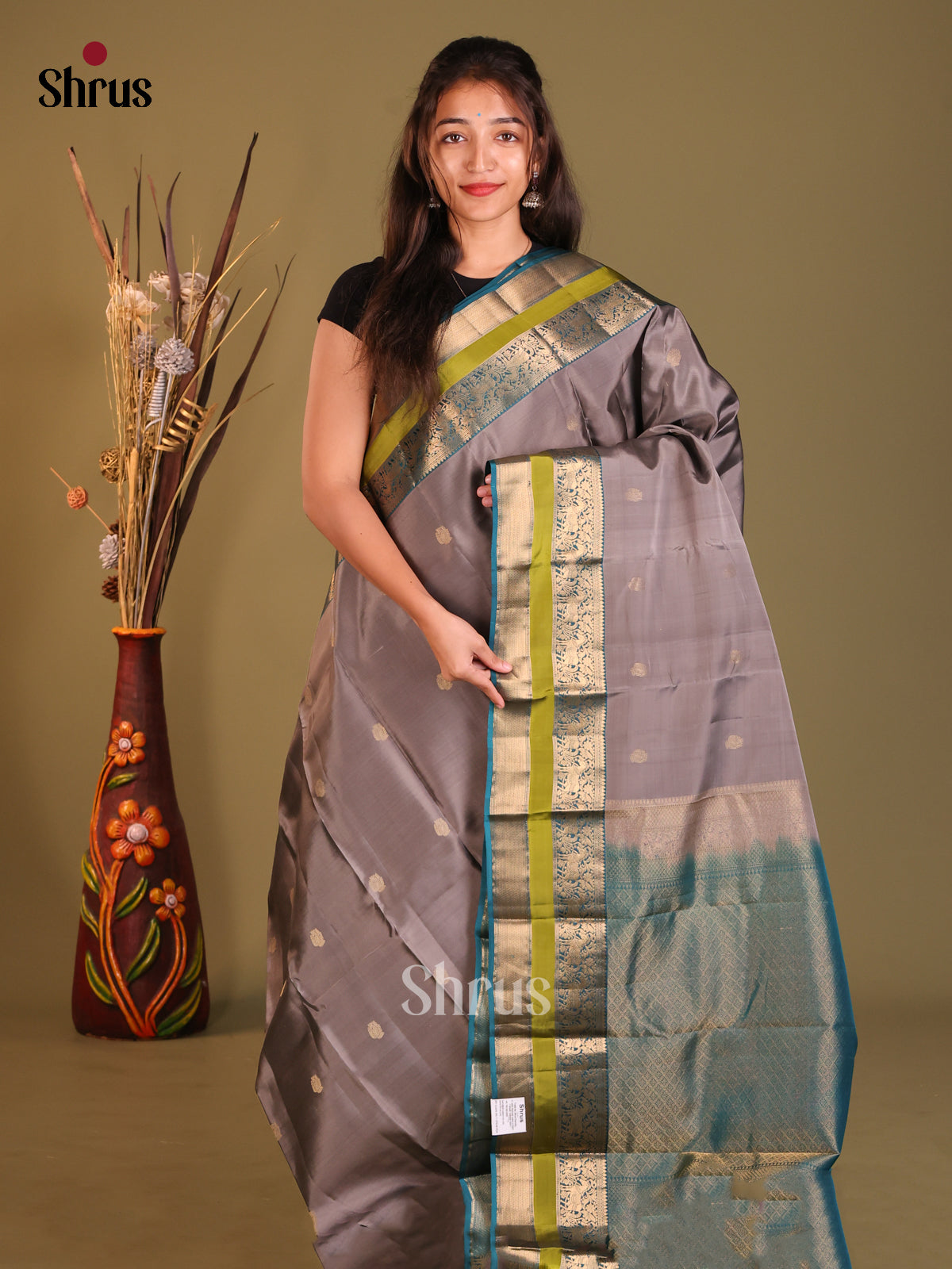 Grey & Blue Softsilk-halfpure Saree with contrast Rettaipet zari border - Shop on Shrus.com