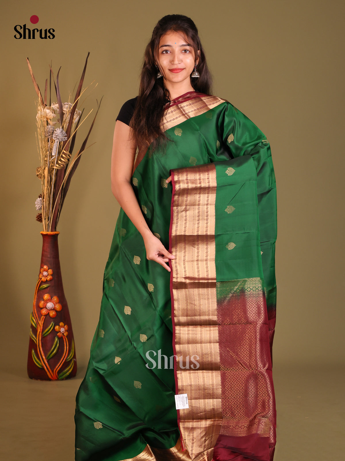 Green & Maroon Softsilk-halfpure Saree with zari floral buttas