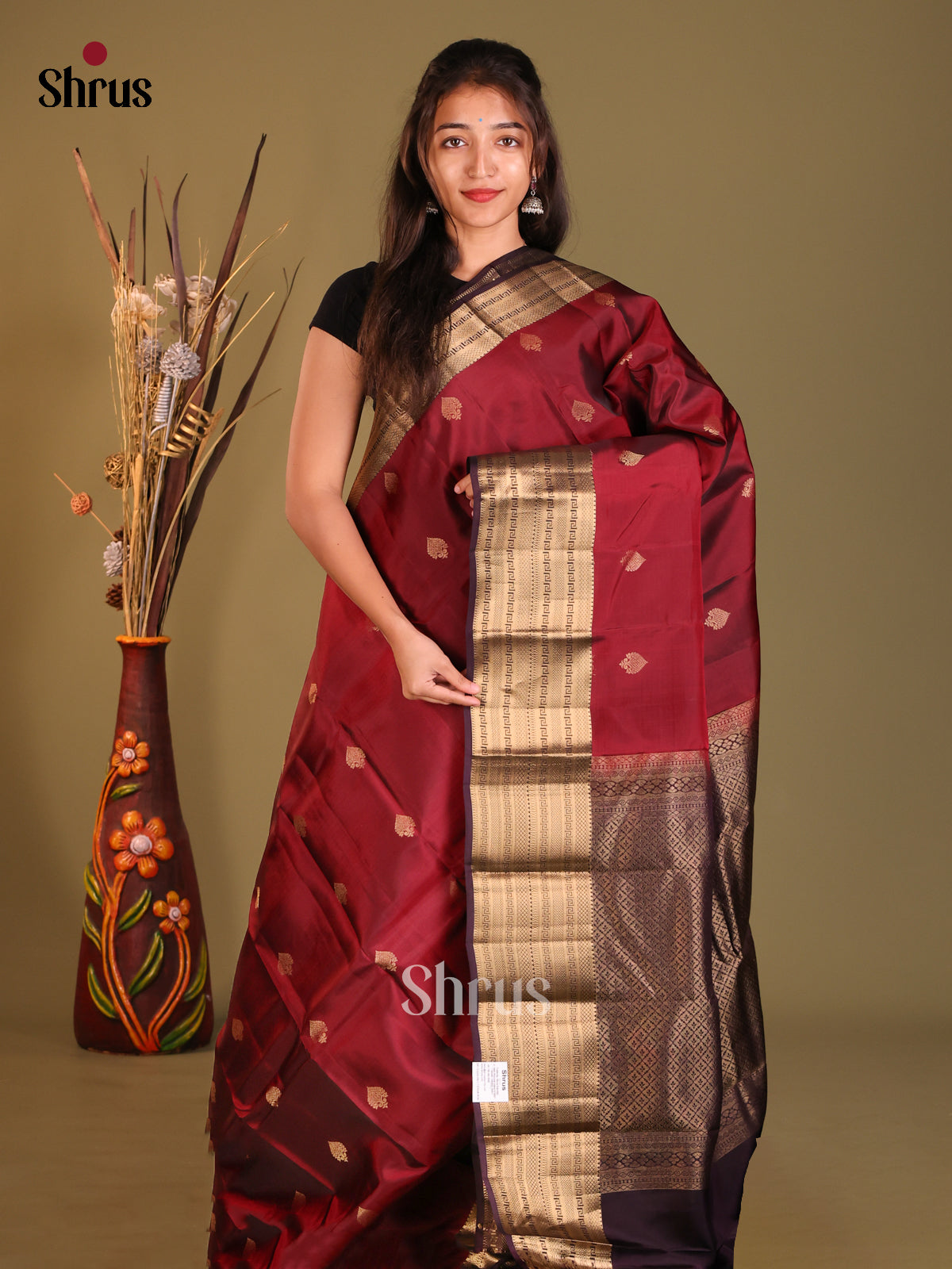 Maroon & Brown Softsilk-halfpure Saree gleams with gold zari floral buttas - Shop on Shrus.com