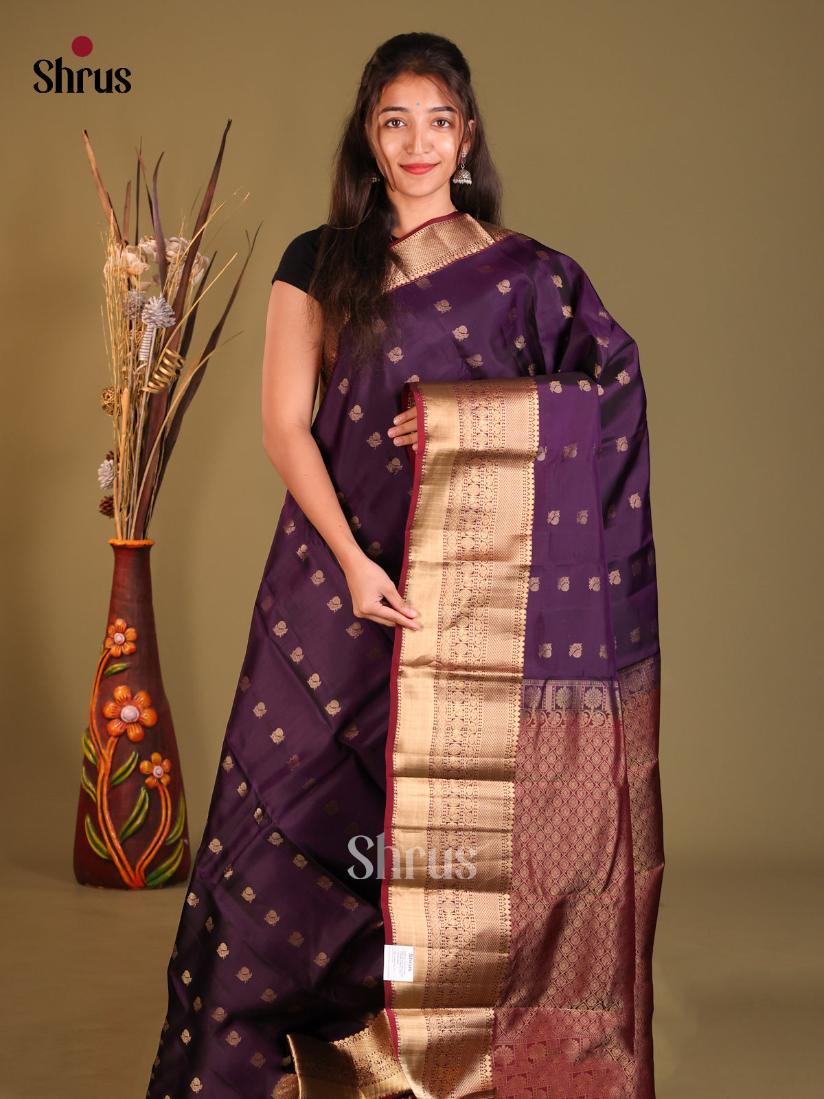 Violet & Maroon Softsilk-halfpure Saree with contrast traditional zari border