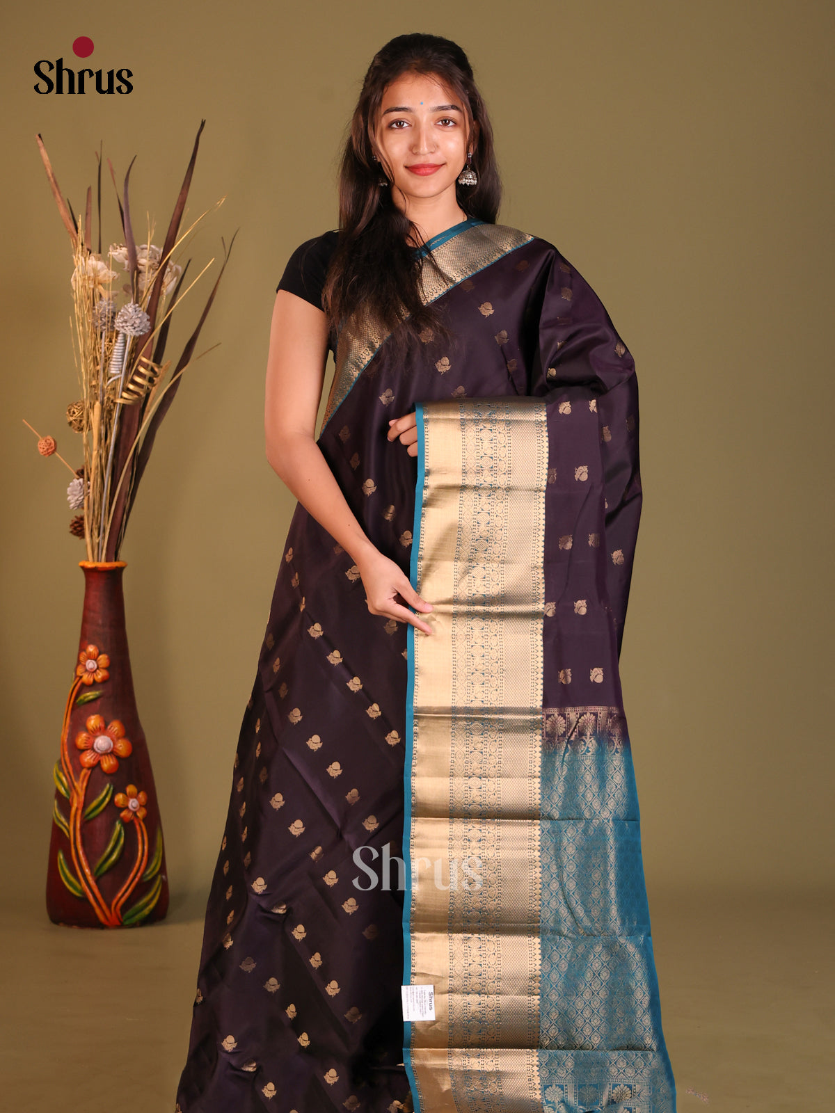 Jamun & Blue Softsilk-halfpure Saree with gold zari peacock buttas