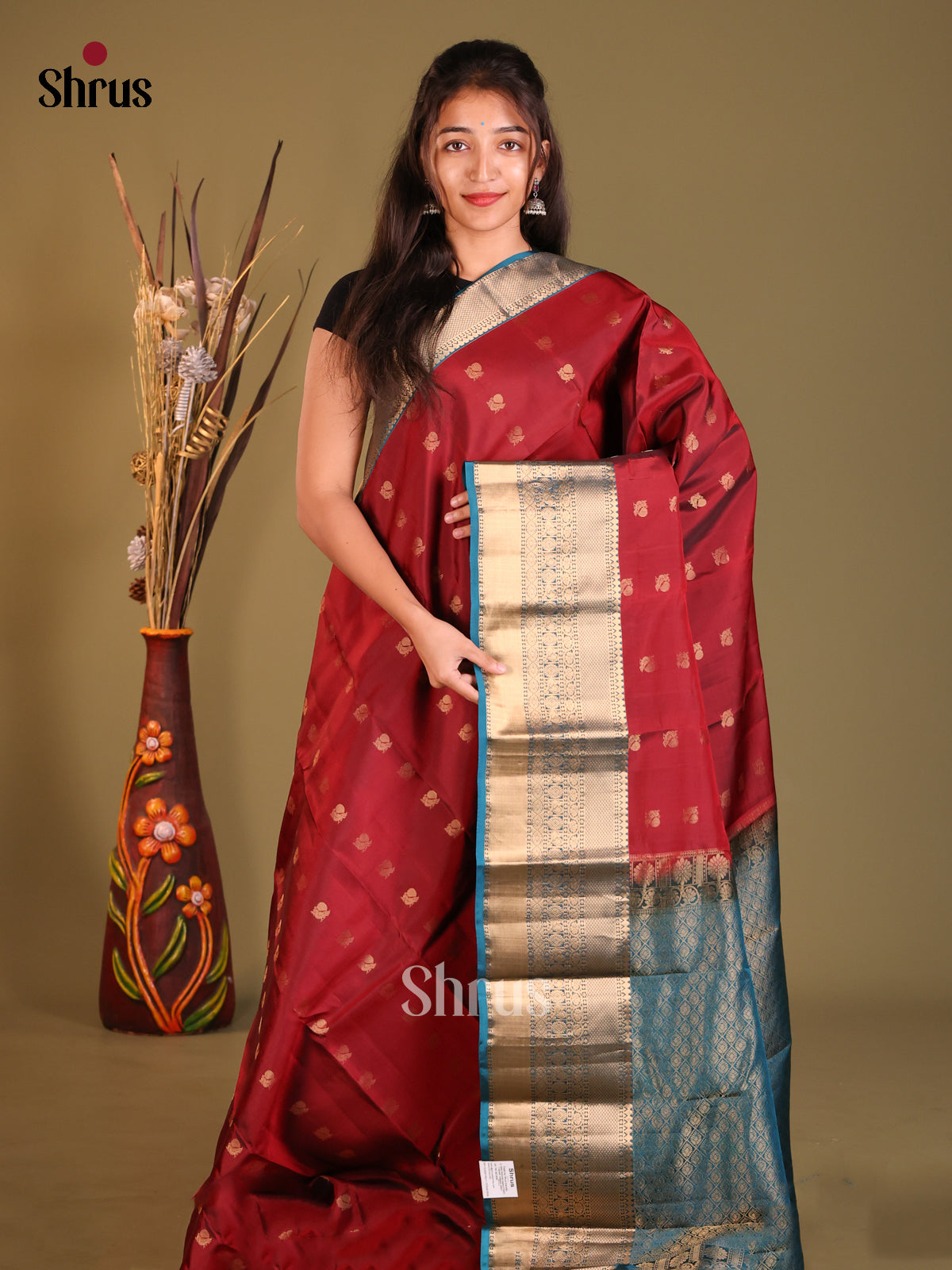 Maroon & Blue Softsilk-halfpure Saree with rich contrast zari border
