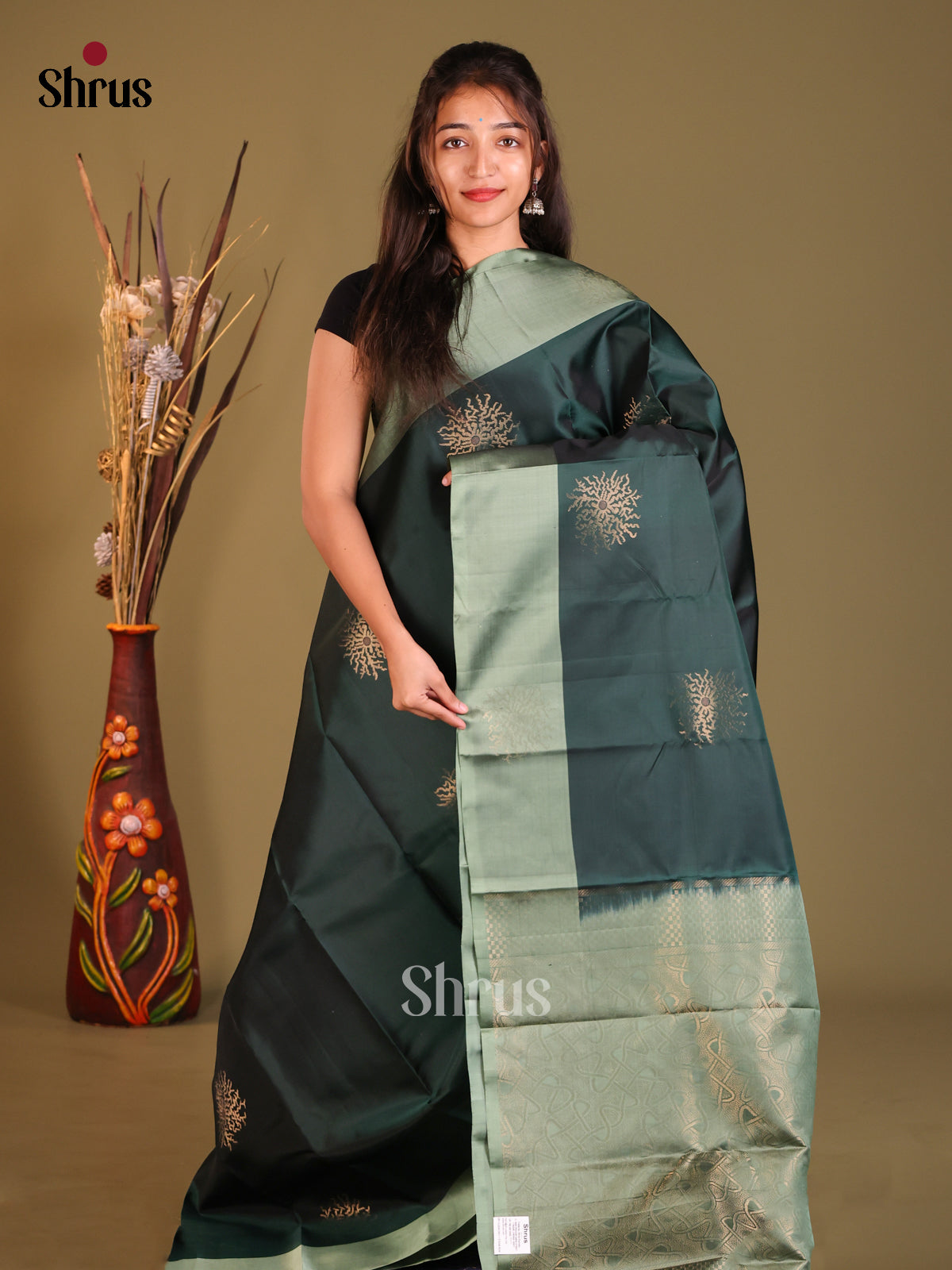Dark Green & Grey Green Softsilk-halfpure Saree with zari floral motifs - Shop on Shrus.com