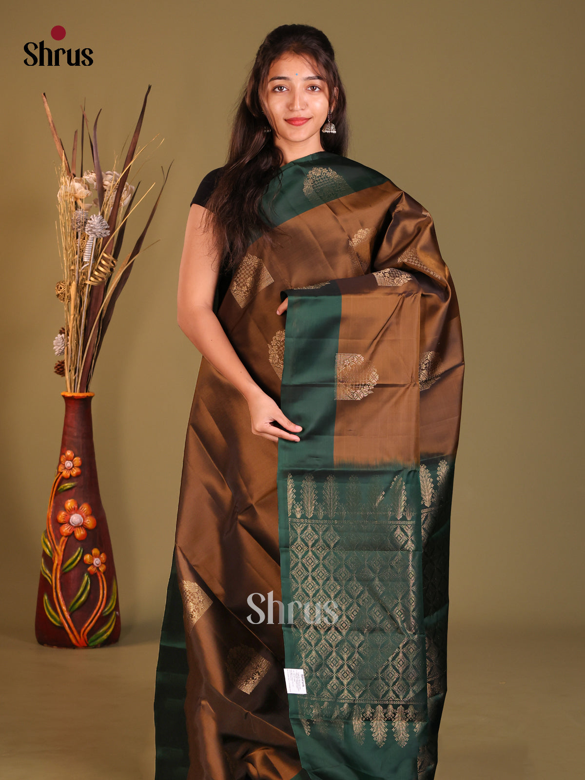 Brown & Green Softsilk-halfpure Saree with zari floral motifs