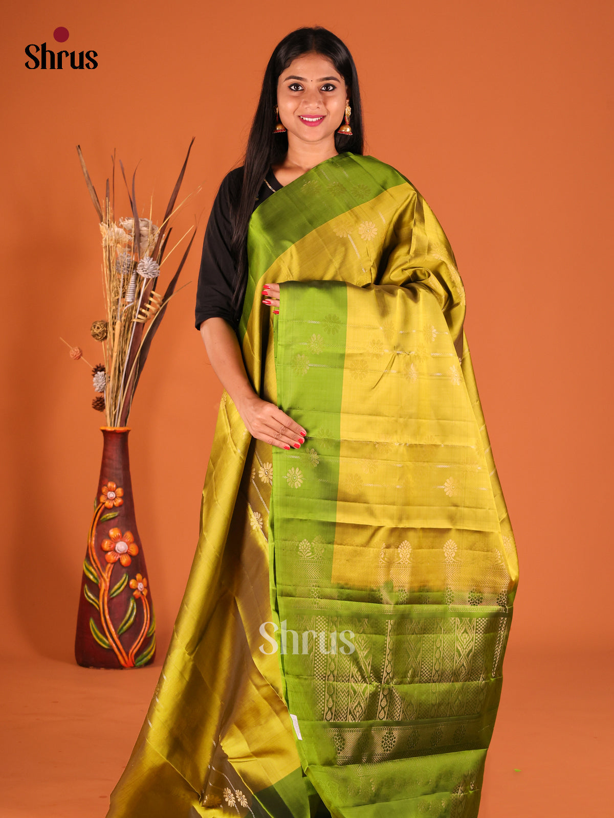 Mehandi Green & Green Softsilk-halfpure Saree gleam swith zari buttas - Shop on Shrus.com