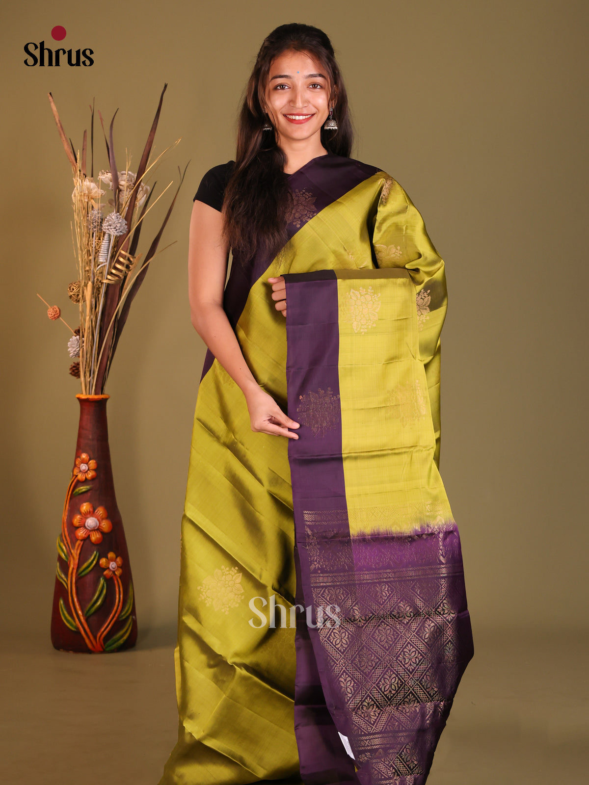 Green & Violet Softsilk-halfpure Saree with gold zari floral motifs - Shop on Shrus.com