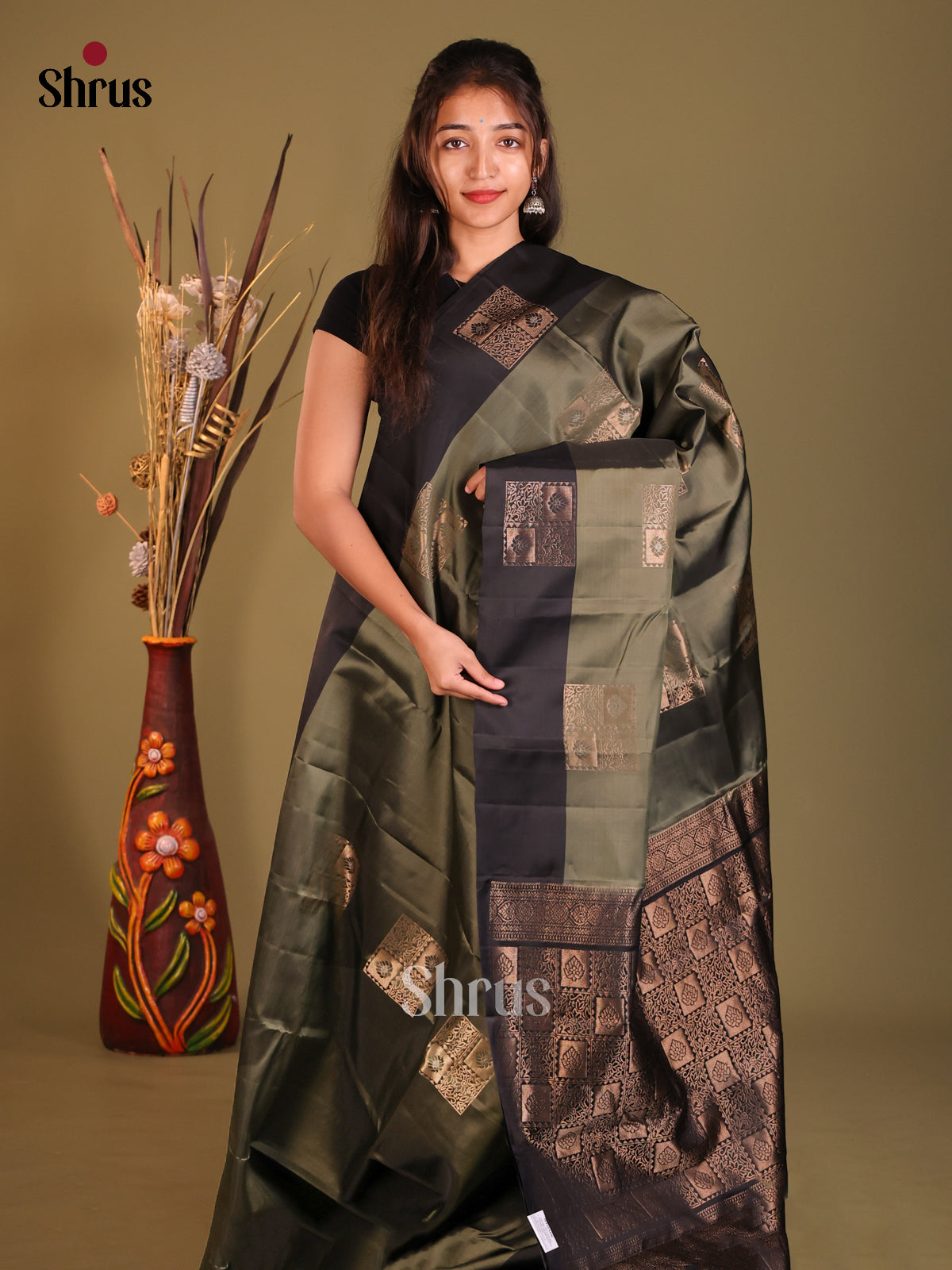 Chutney Green & Black Softsilk-halfpure Saree with zari block motifs