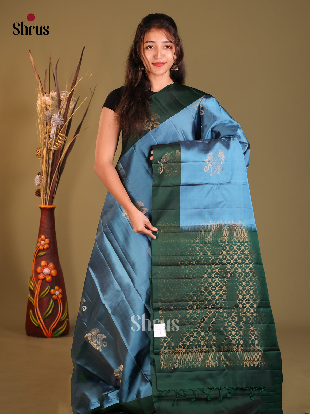 Blue & Green Softsilk-halfpure Saree with zari floral buttas