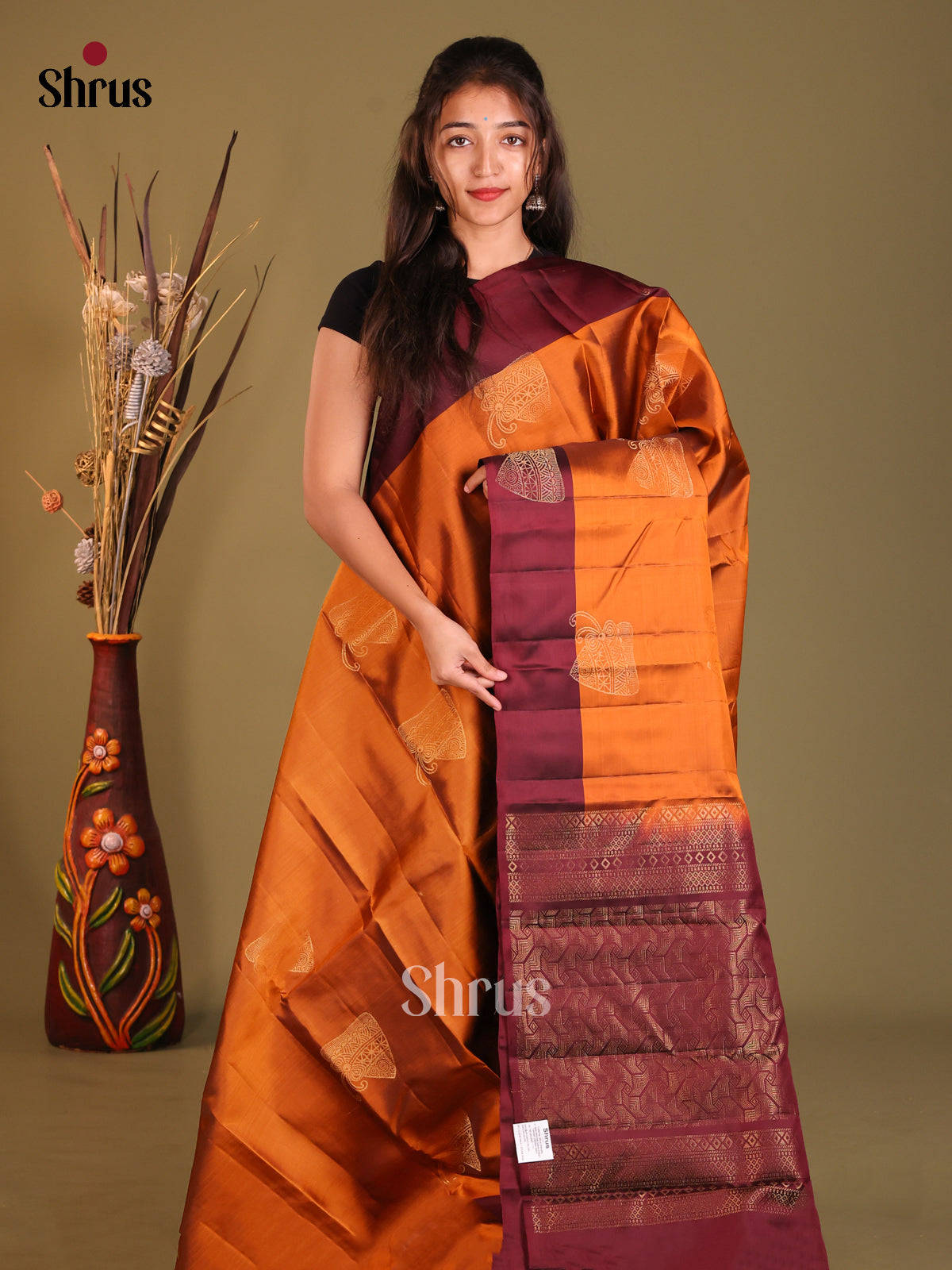 Orange & Maroon Softsilk-halfpure Saree with zari floral motifs - Shop on Shrus.com