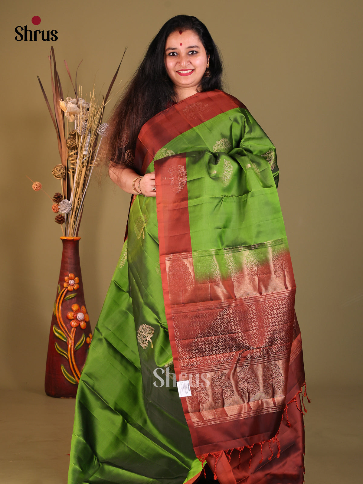 Green & Brown- Softsilk-halfpure Saree - Shop on Shrus.com